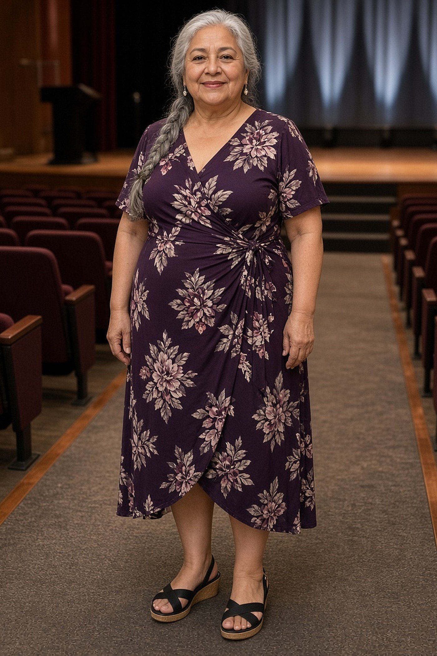 Grandmother over 50 in a dark plum floral wrap dress