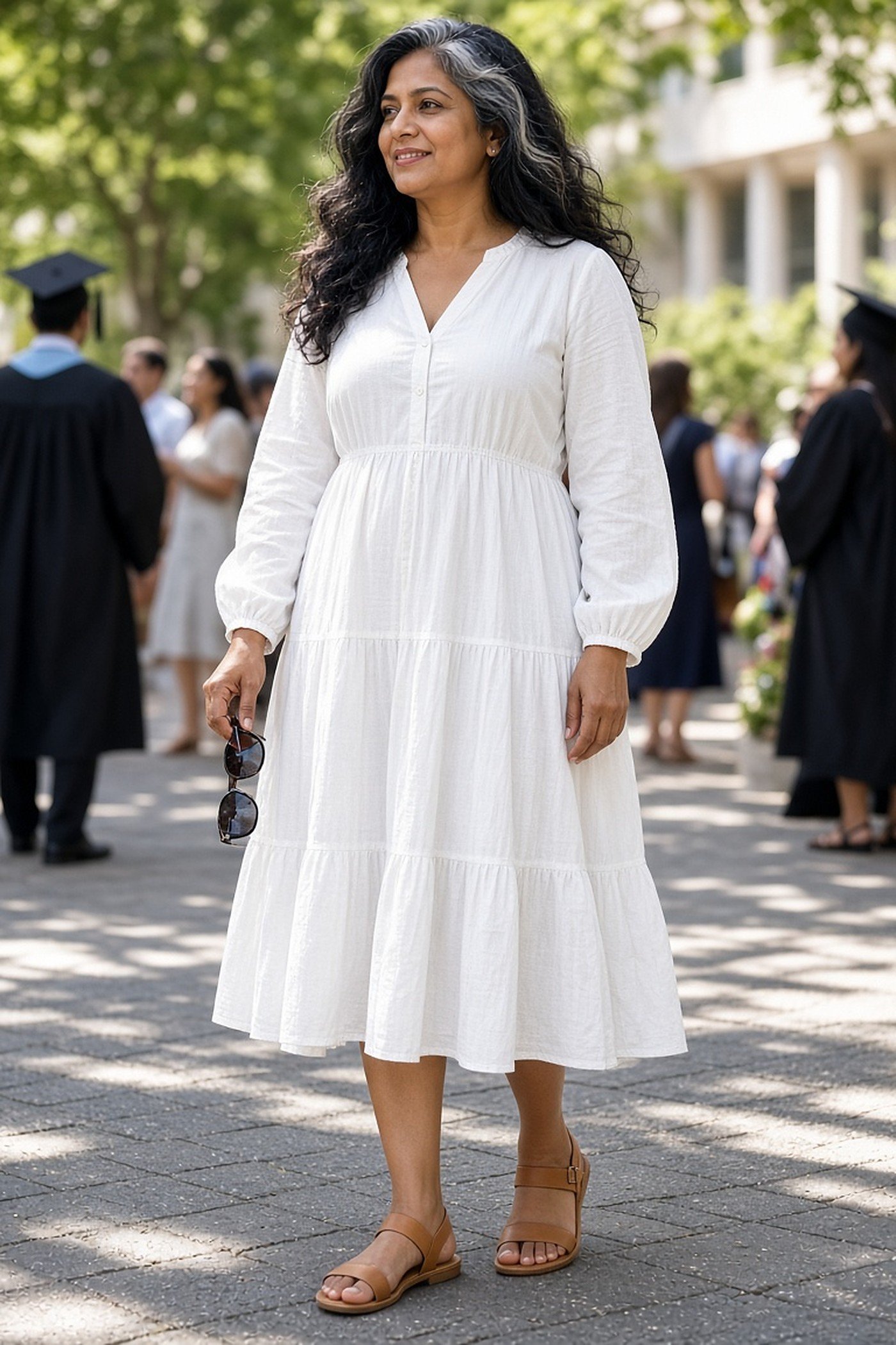 Woman over 50 in a white cotton midi dress for a warm outdoor ceremony