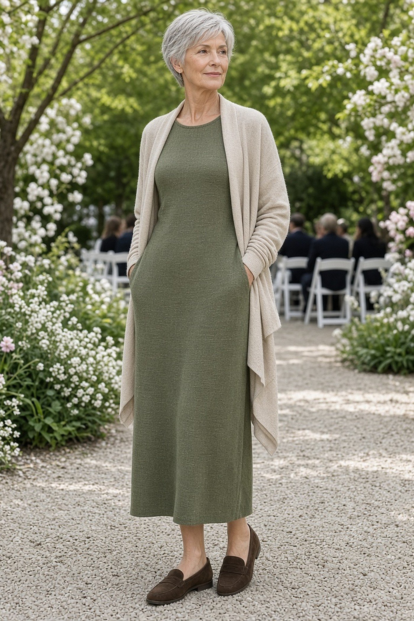 Woman over 60 in an olive knit midi dress with an oatmeal cardigan
