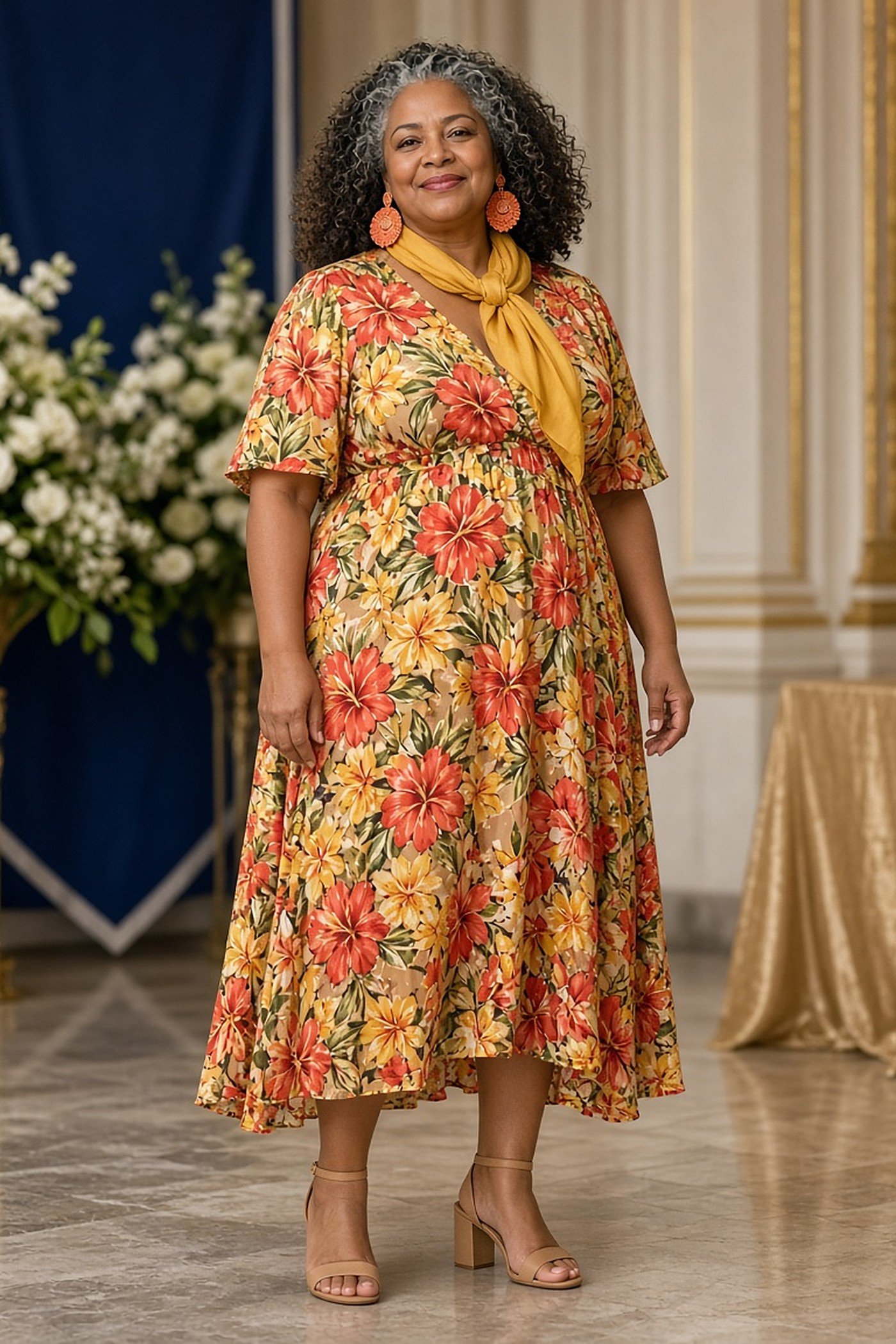 Woman over 50 in a floral dress with coral statement earrings and yellow scarf