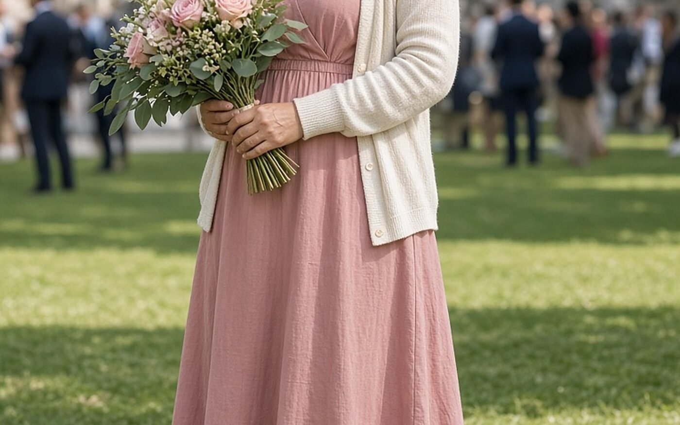 Mother over 50 in a dusty rose midi dress and cream cardigan holding graduation flowers
