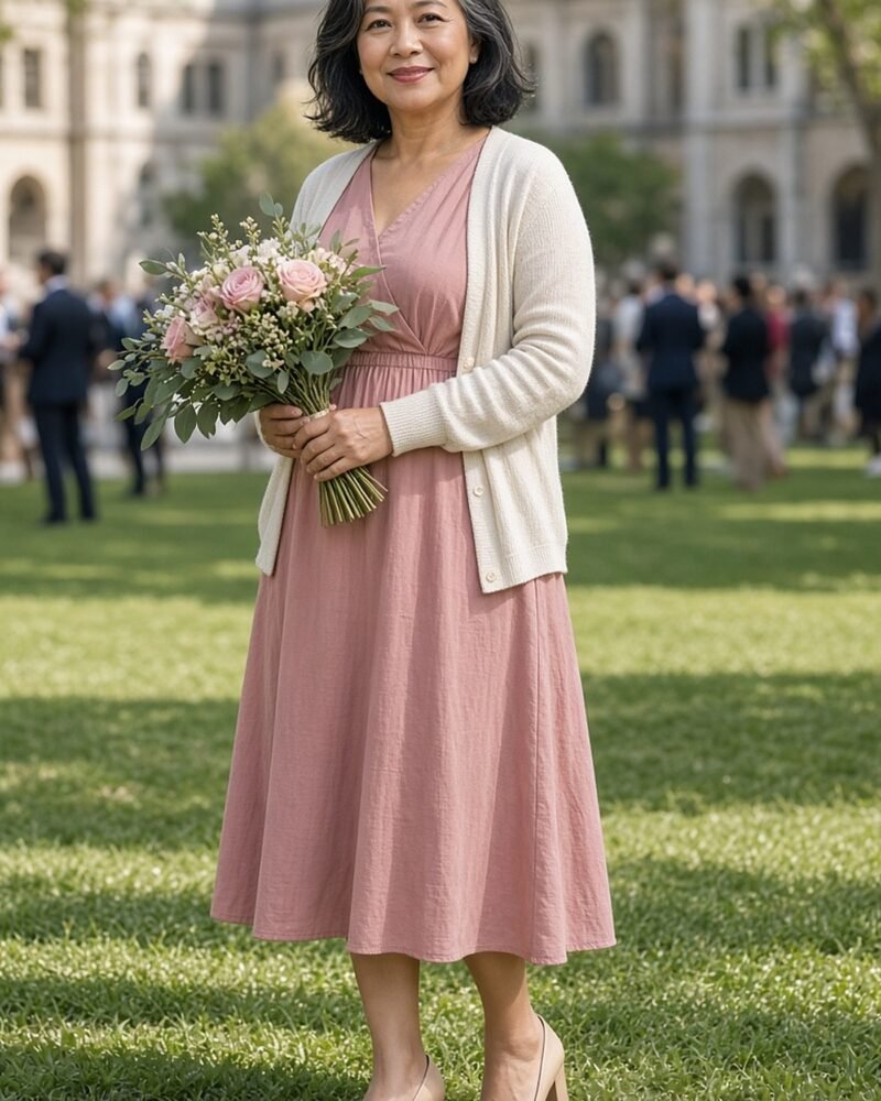 Mother over 50 in a dusty rose midi dress and cream cardigan holding graduation flowers