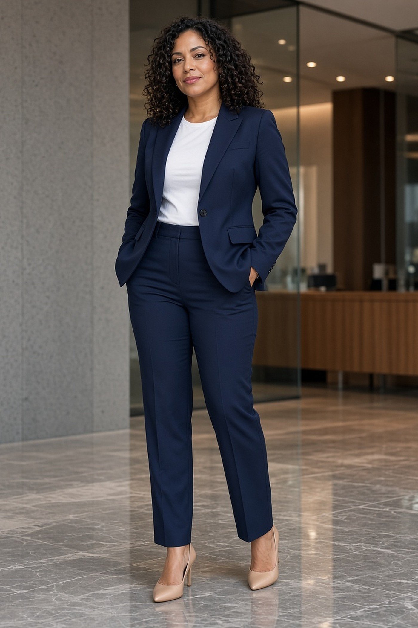 Woman in her 30s in a fitted navy tailored blazer and trousers