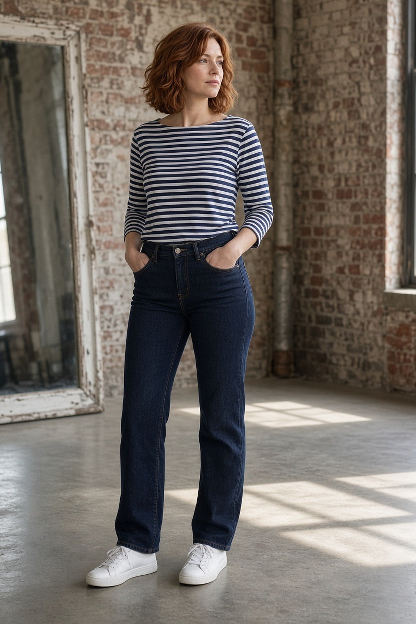 Woman in her 30s in dark indigo straight-leg jeans and a striped top