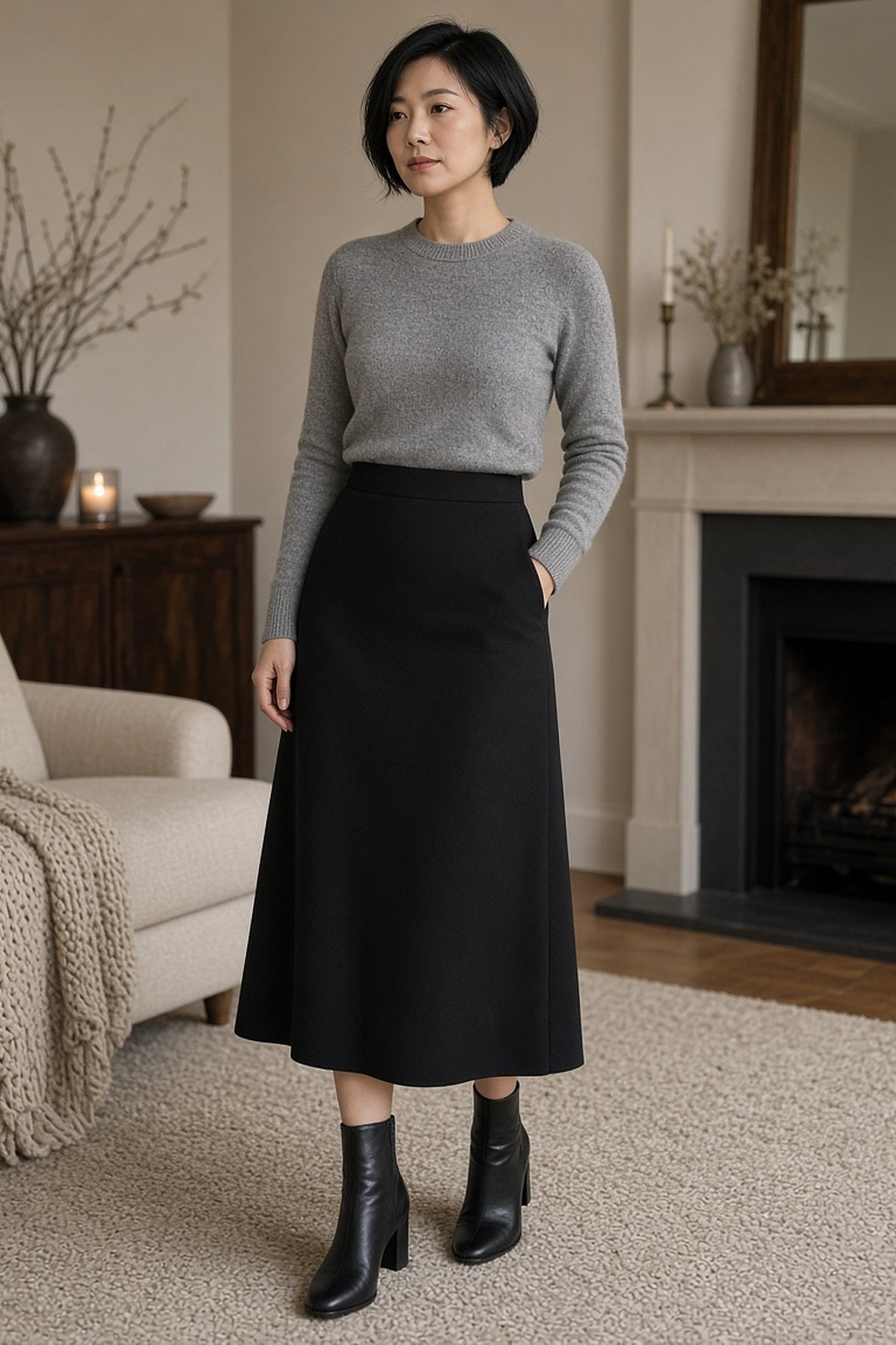 Woman in her 30s in a gray cashmere sweater and black midi skirt