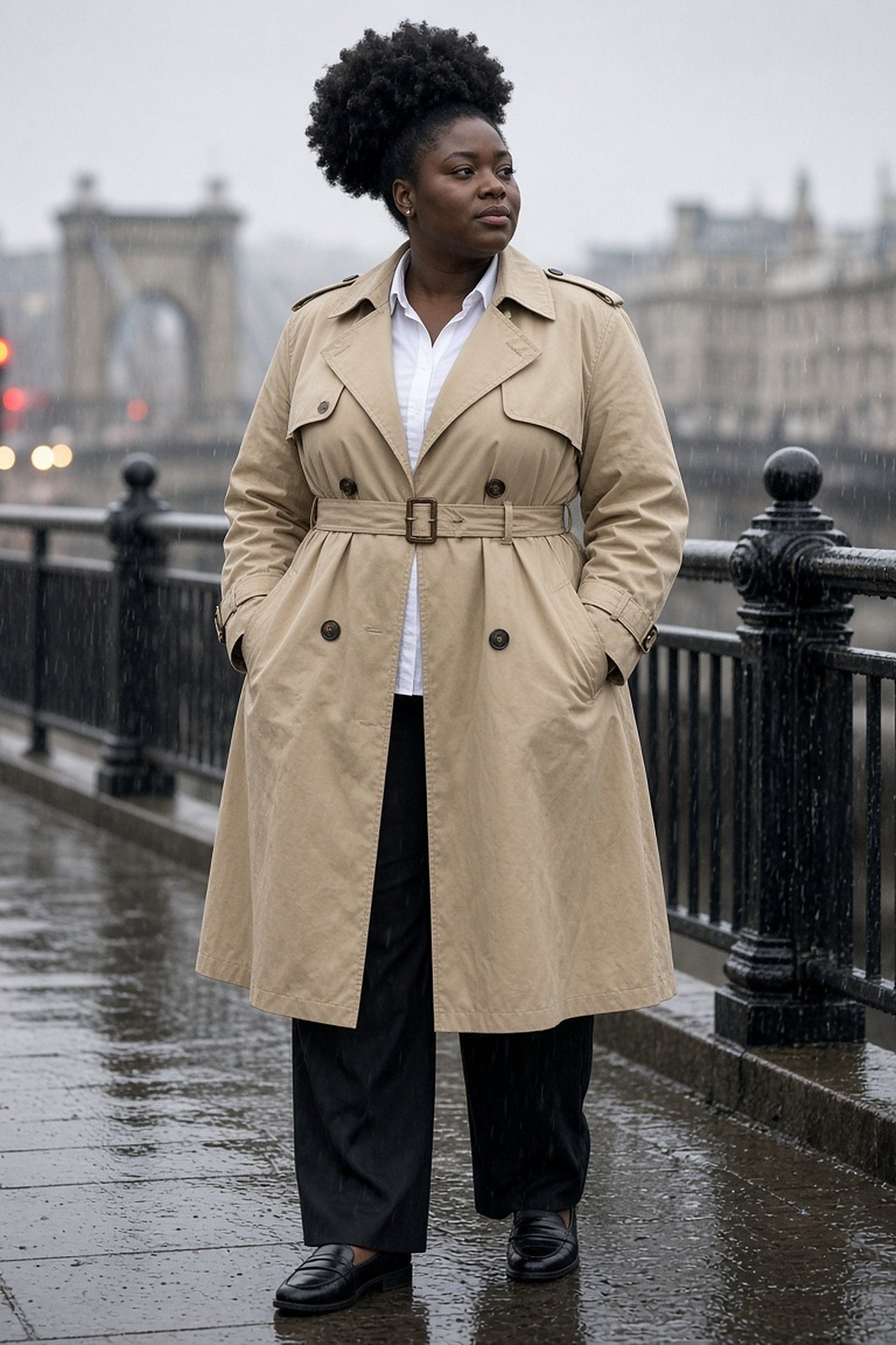 Woman in her 30s in a classic belted beige trench coat