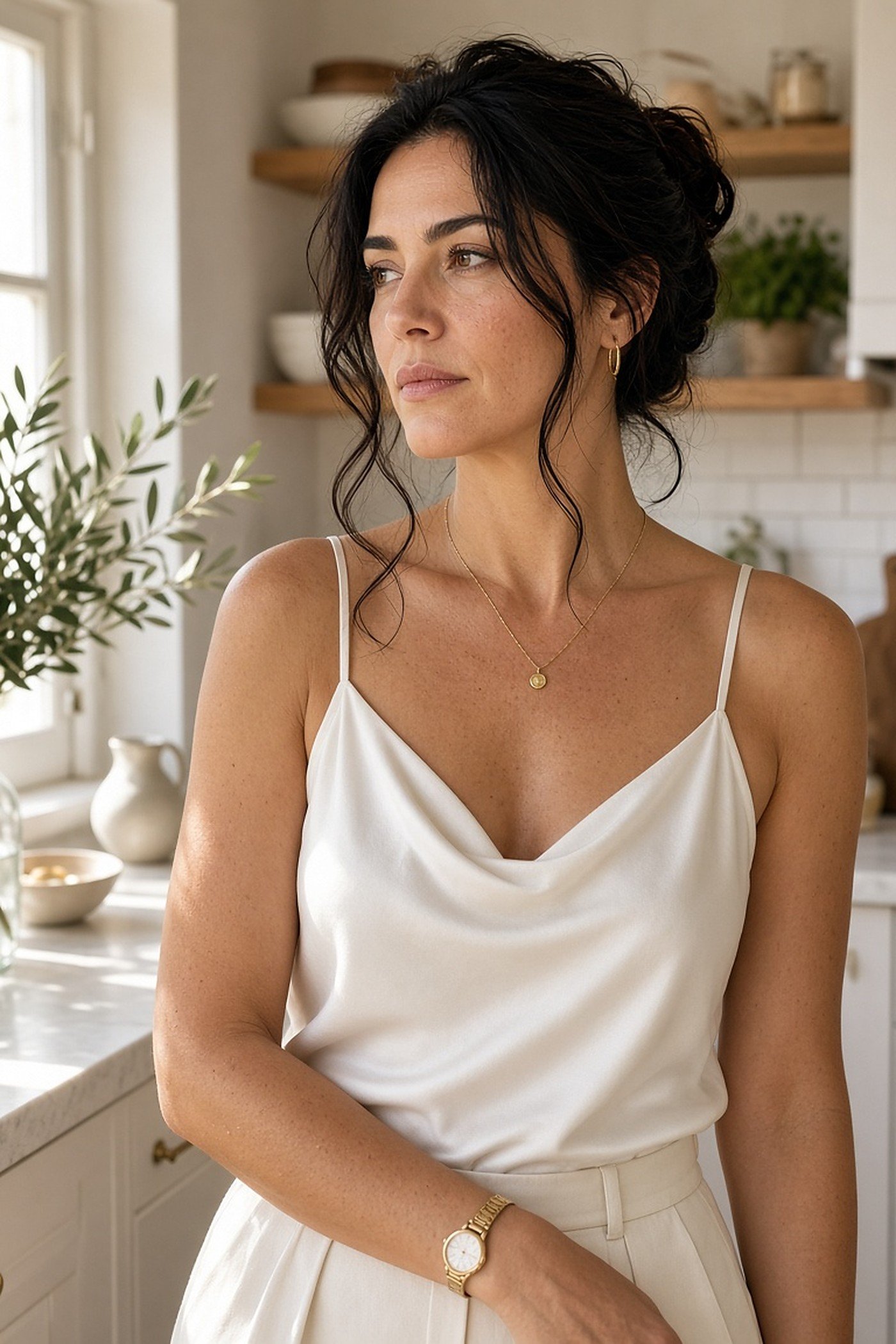 Woman in her 30s wearing gold hoops, a pendant necklace and a gold watch