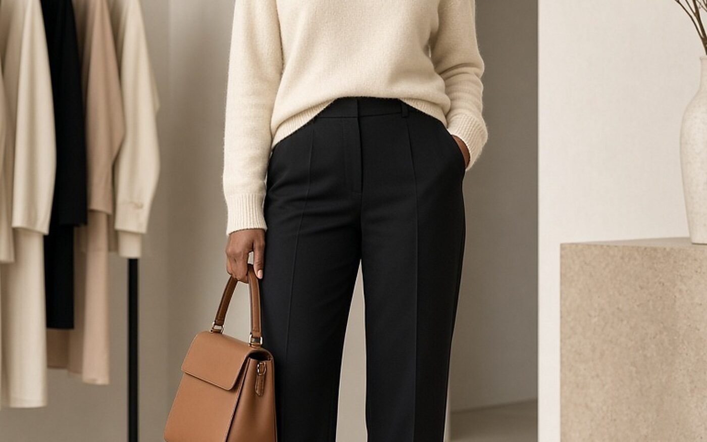 Woman in her 30s in a cream cashmere sweater, black trousers and tan leather handbag