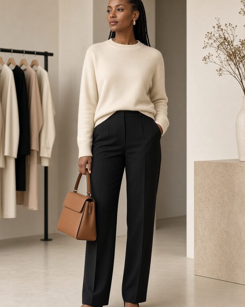 Woman in her 30s in a cream cashmere sweater, black trousers and tan leather handbag
