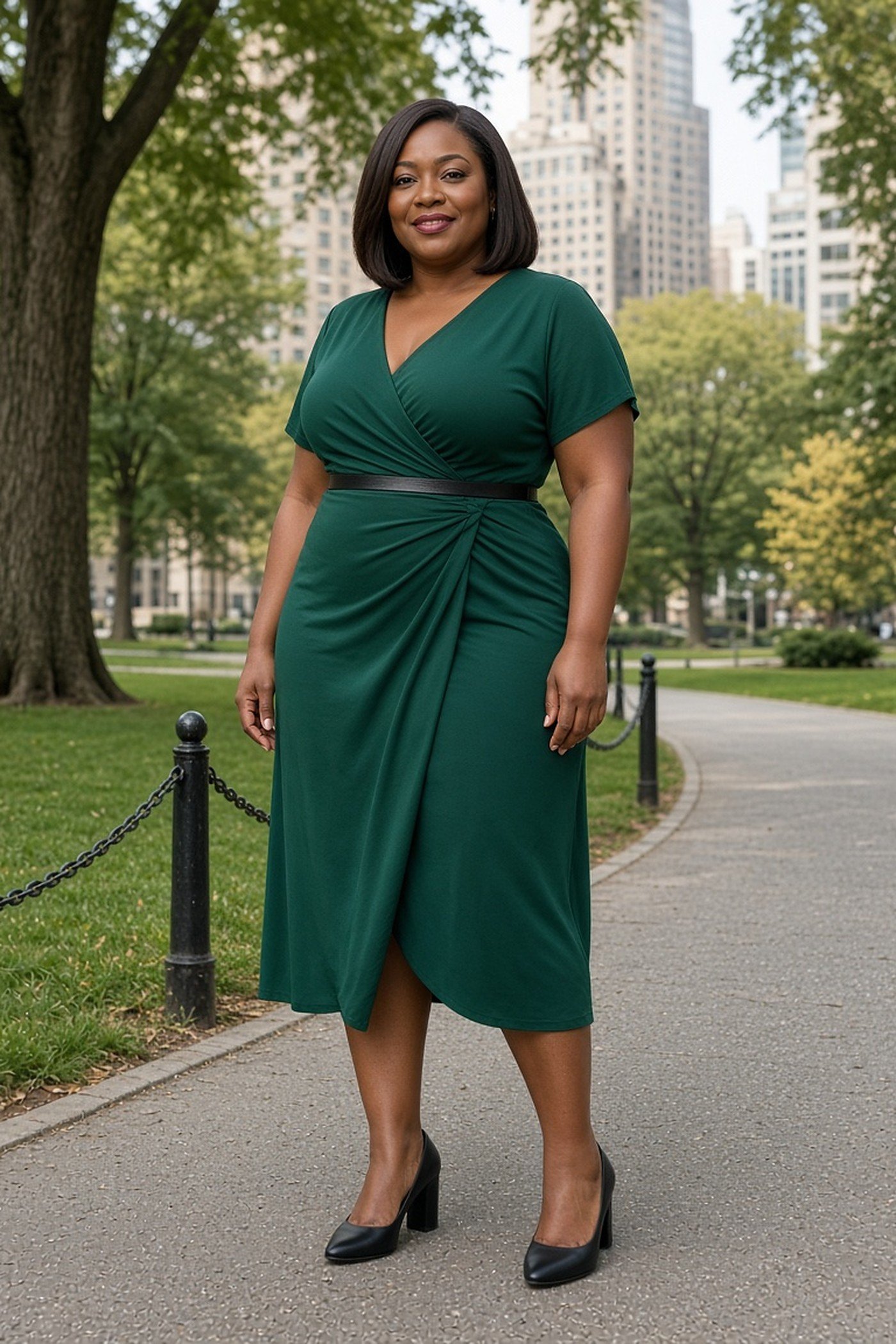Curvy plus-size woman in an emerald wrap dress with a slim black belt