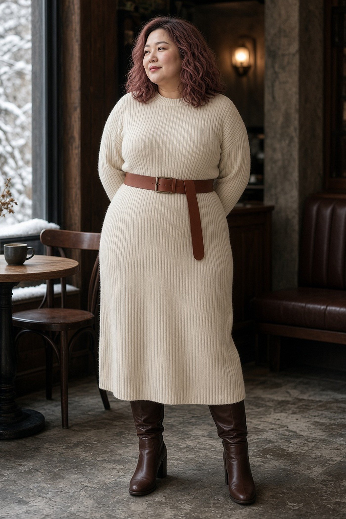 Plus-size woman in a cream sweater dress with a cognac belt over knitwear
