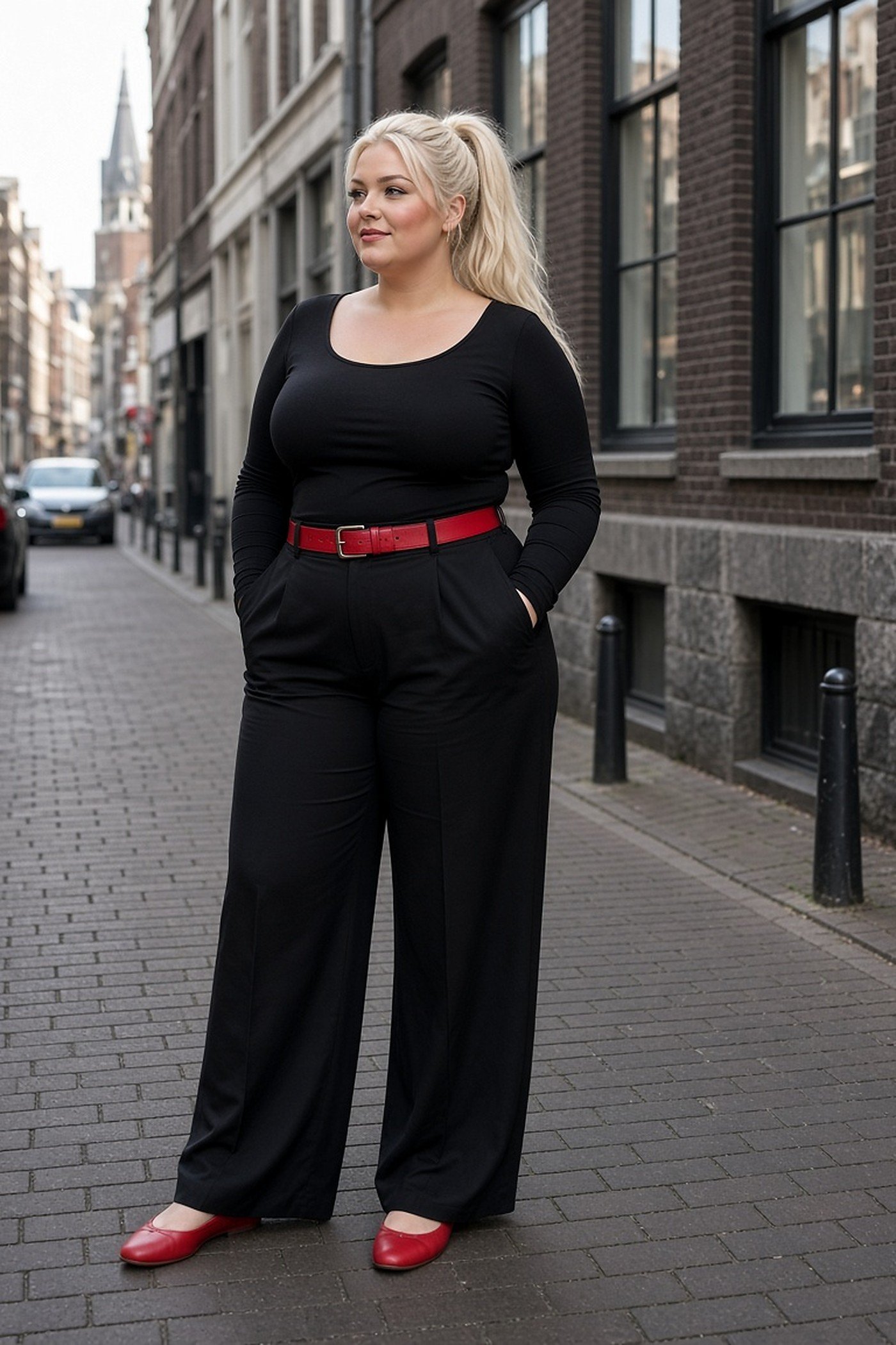Plus-size woman in all black with a bright red belt as a color accent