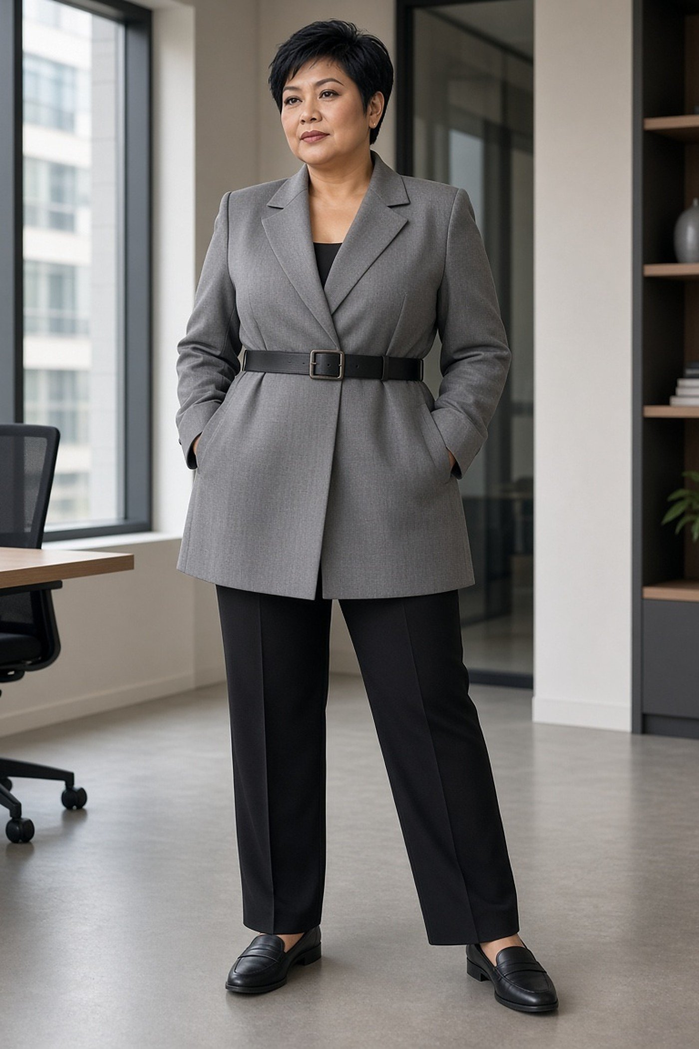 Plus-size woman in a belted gray longline blazer and black trousers