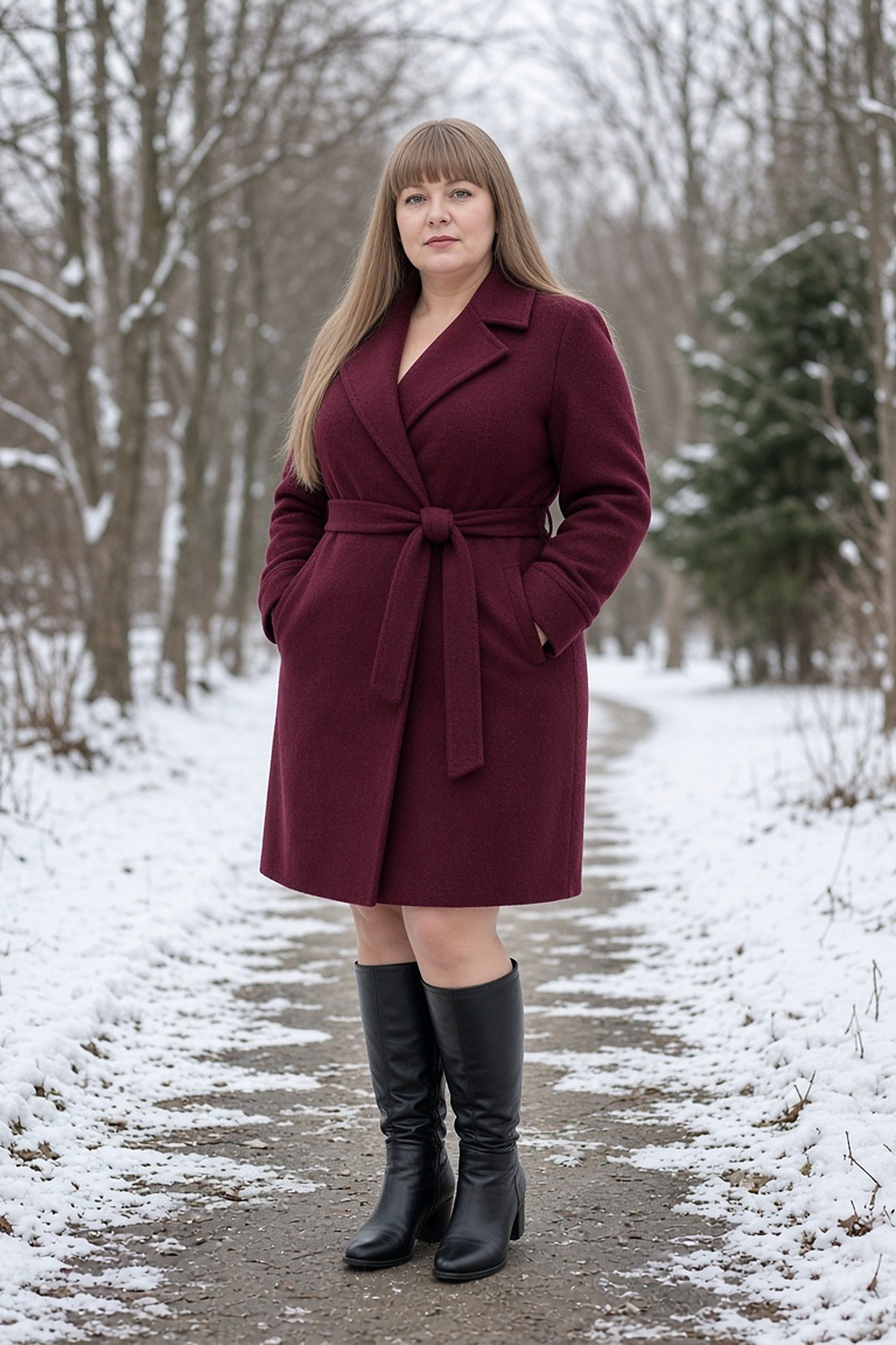 Plus-size woman in a burgundy wrap coat with its matching belt
