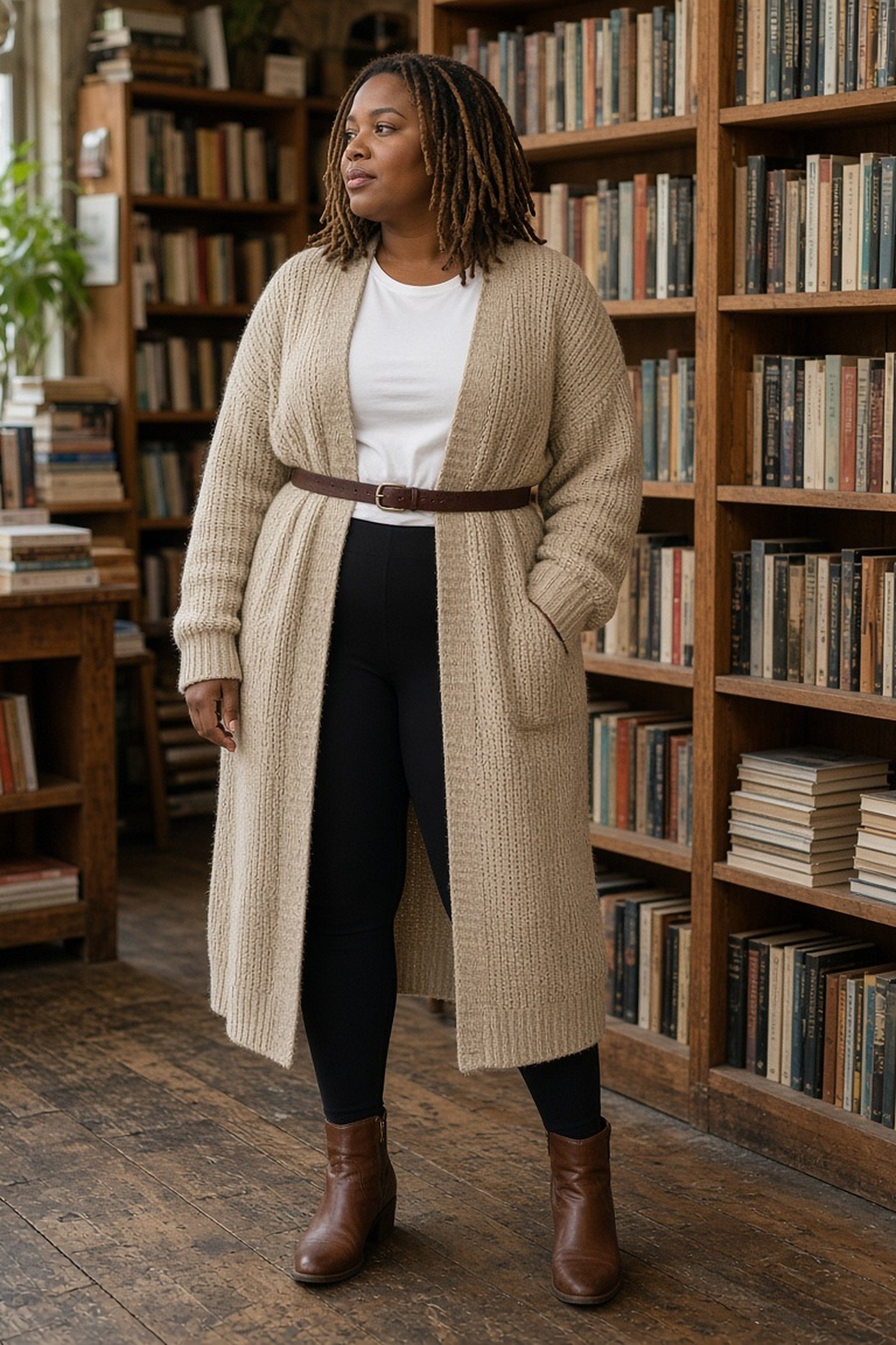 Plus-size woman in a long oatmeal cardigan cinched with a slim brown belt