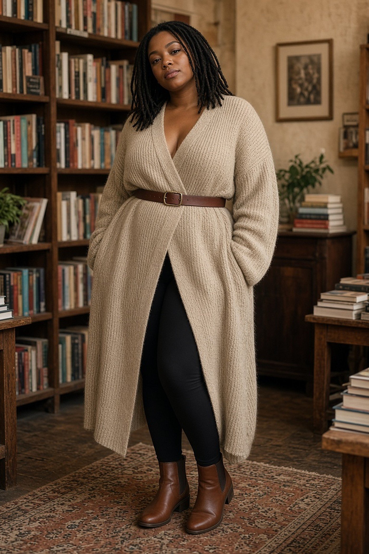 Curvy woman in high-waisted jeans, tucked black top and statement belt