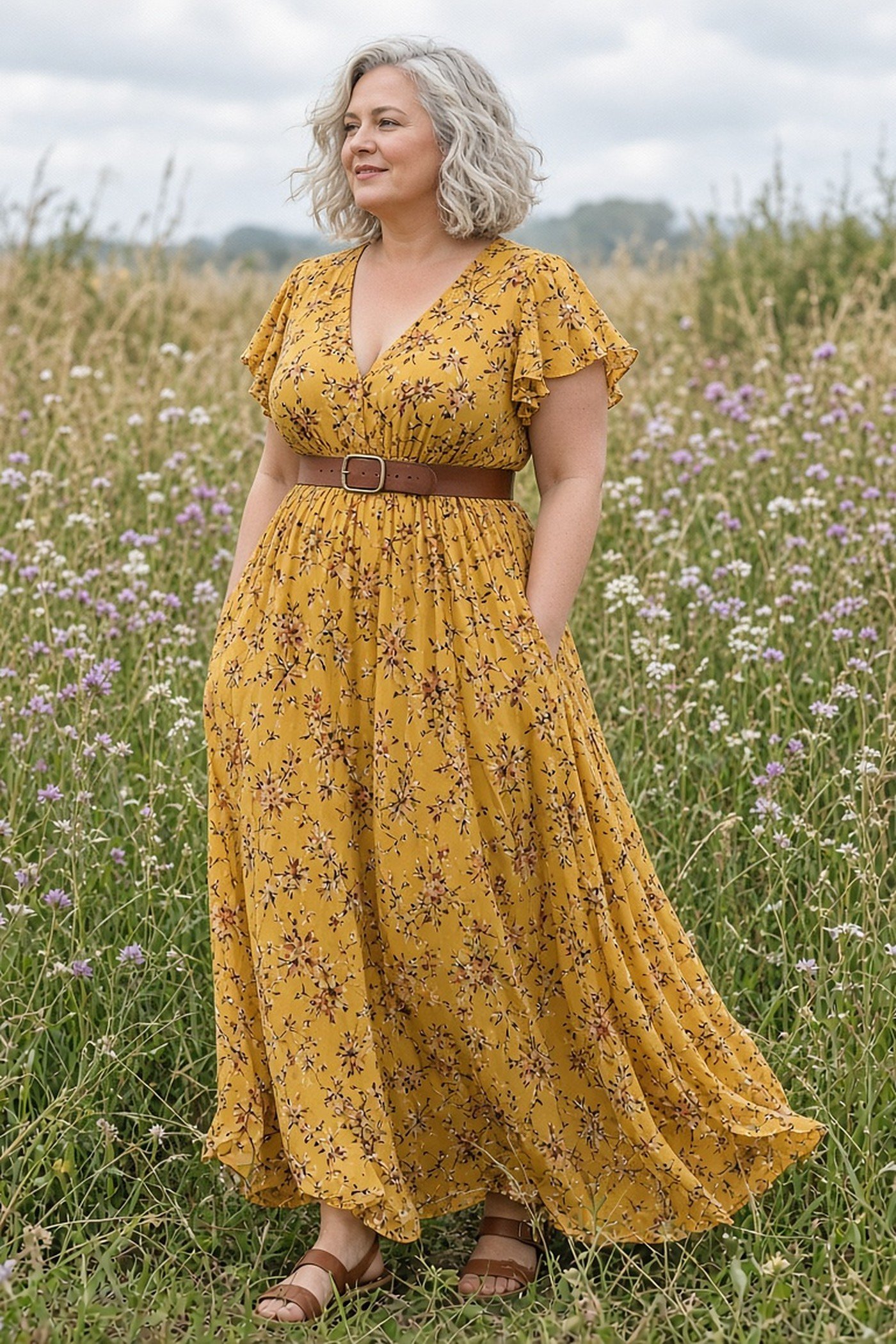 Plus-size woman in a mustard floral maxi dress with a brown leather belt