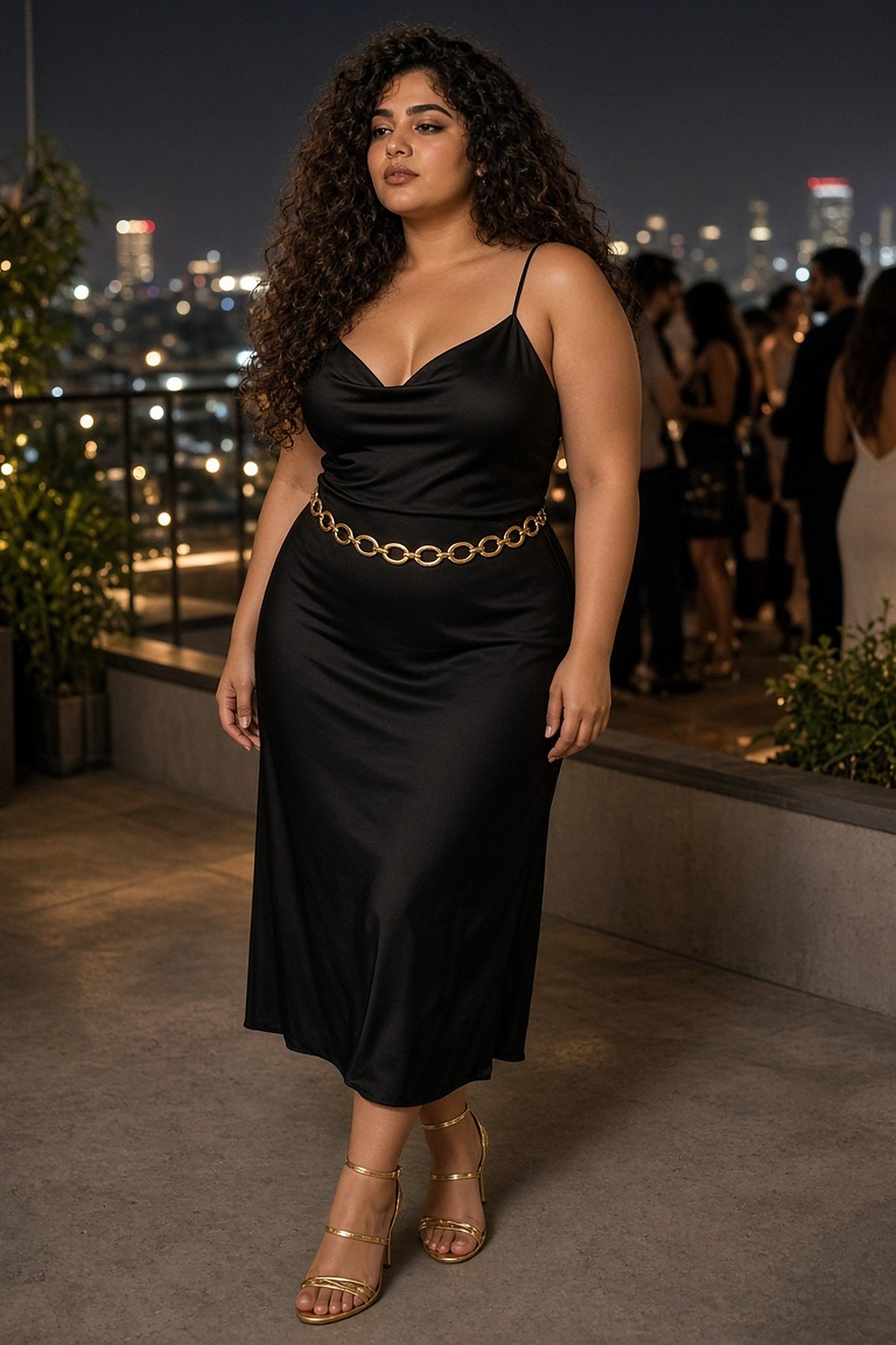 Curvy plus-size woman in a black slip dress with a gold chain belt
