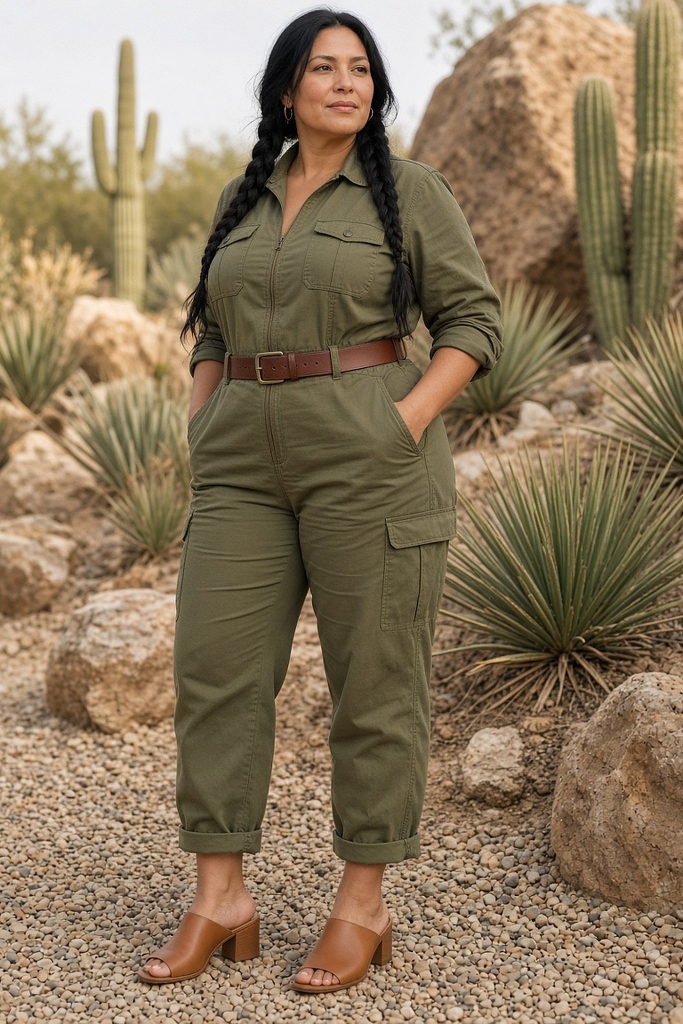 Plus-size woman in an olive jumpsuit with a brown leather belt