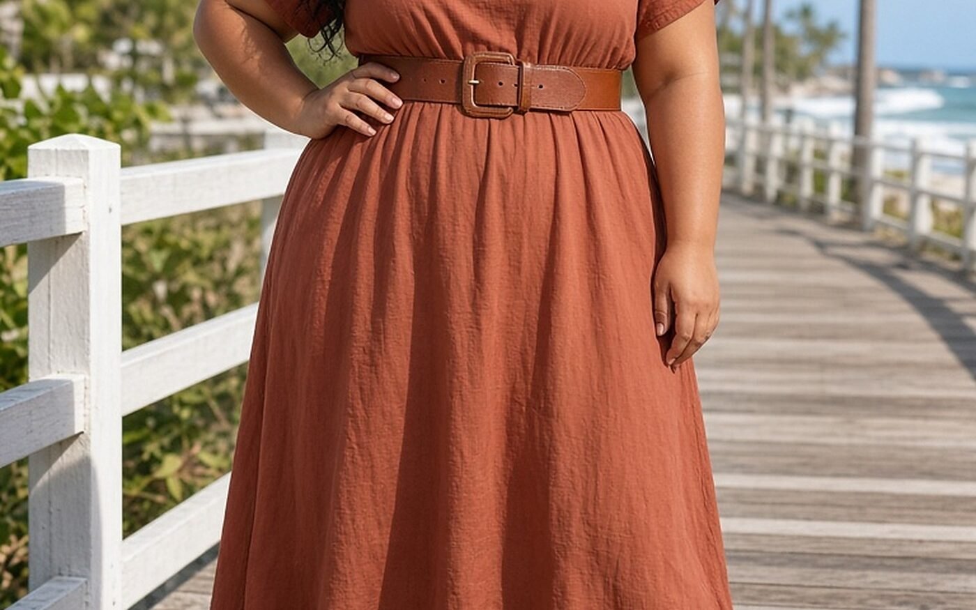 Plus-size woman in a terracotta midi dress cinched with a wide cognac belt