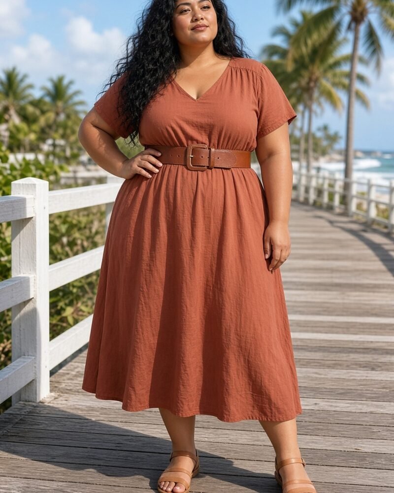 Plus-size woman in a terracotta midi dress cinched with a wide cognac belt