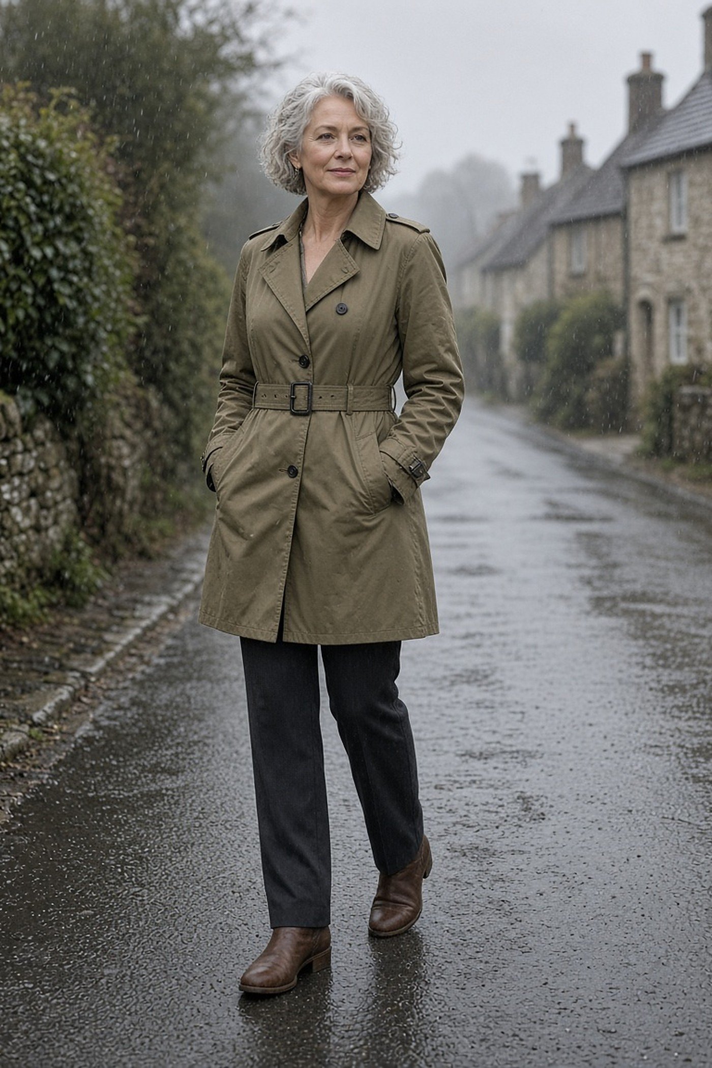 Petite woman over 50 in a short khaki trench coat and brown ankle boots
