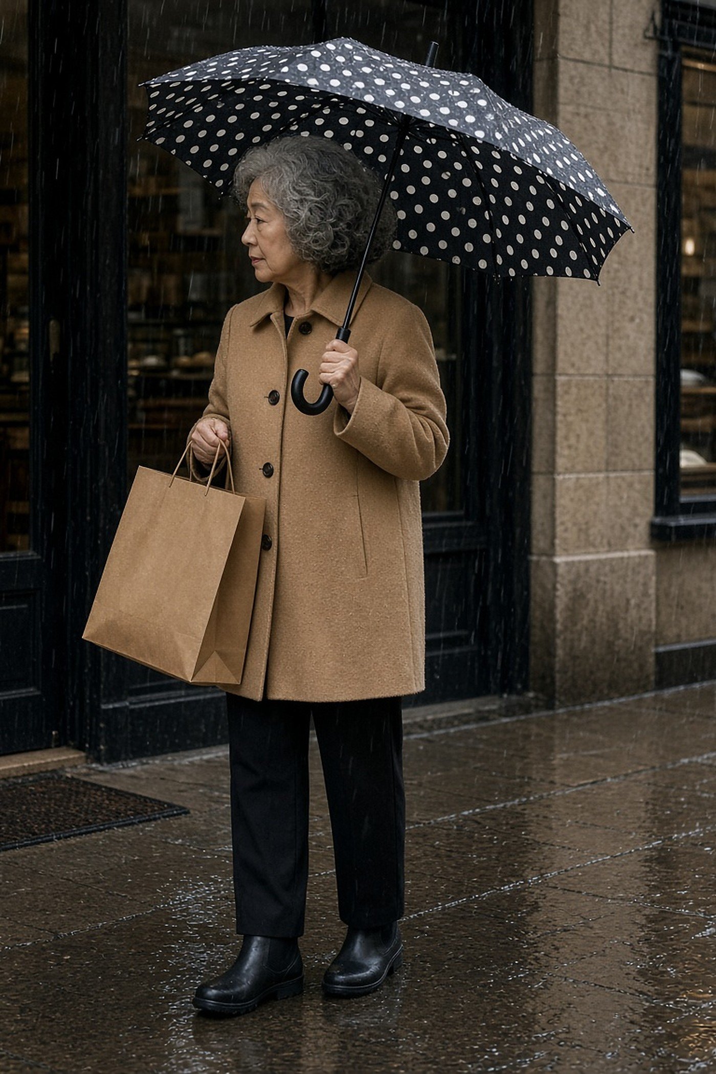 Petite woman over 60 with a polka dot umbrella in the rain