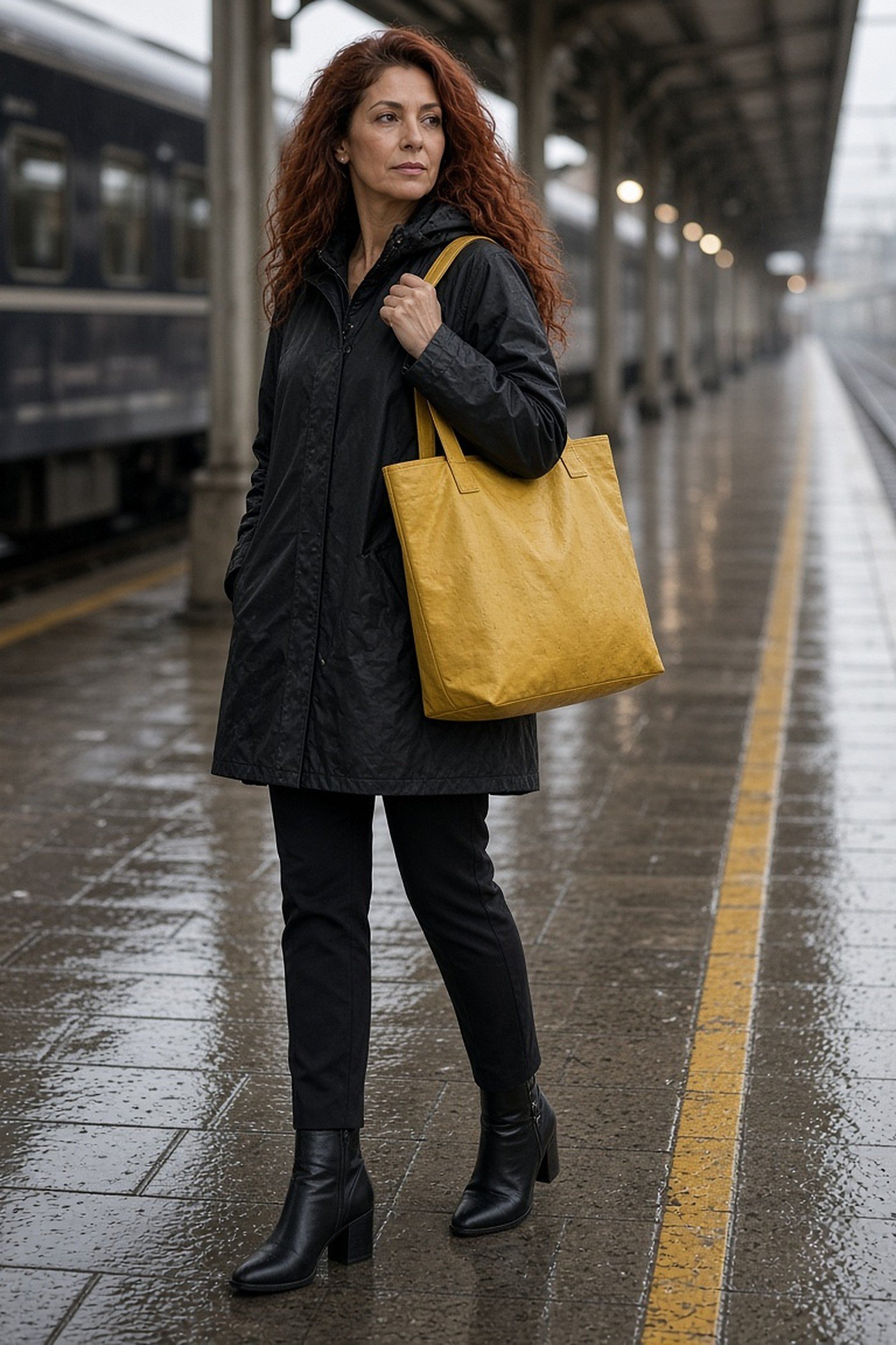 Petite woman over 50 carrying a yellow water-resistant zip tote