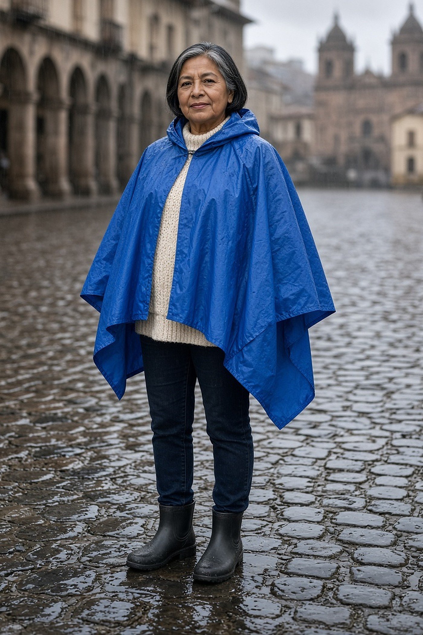 Petite woman over 60 in a hip-length cobalt rain cape over a knit