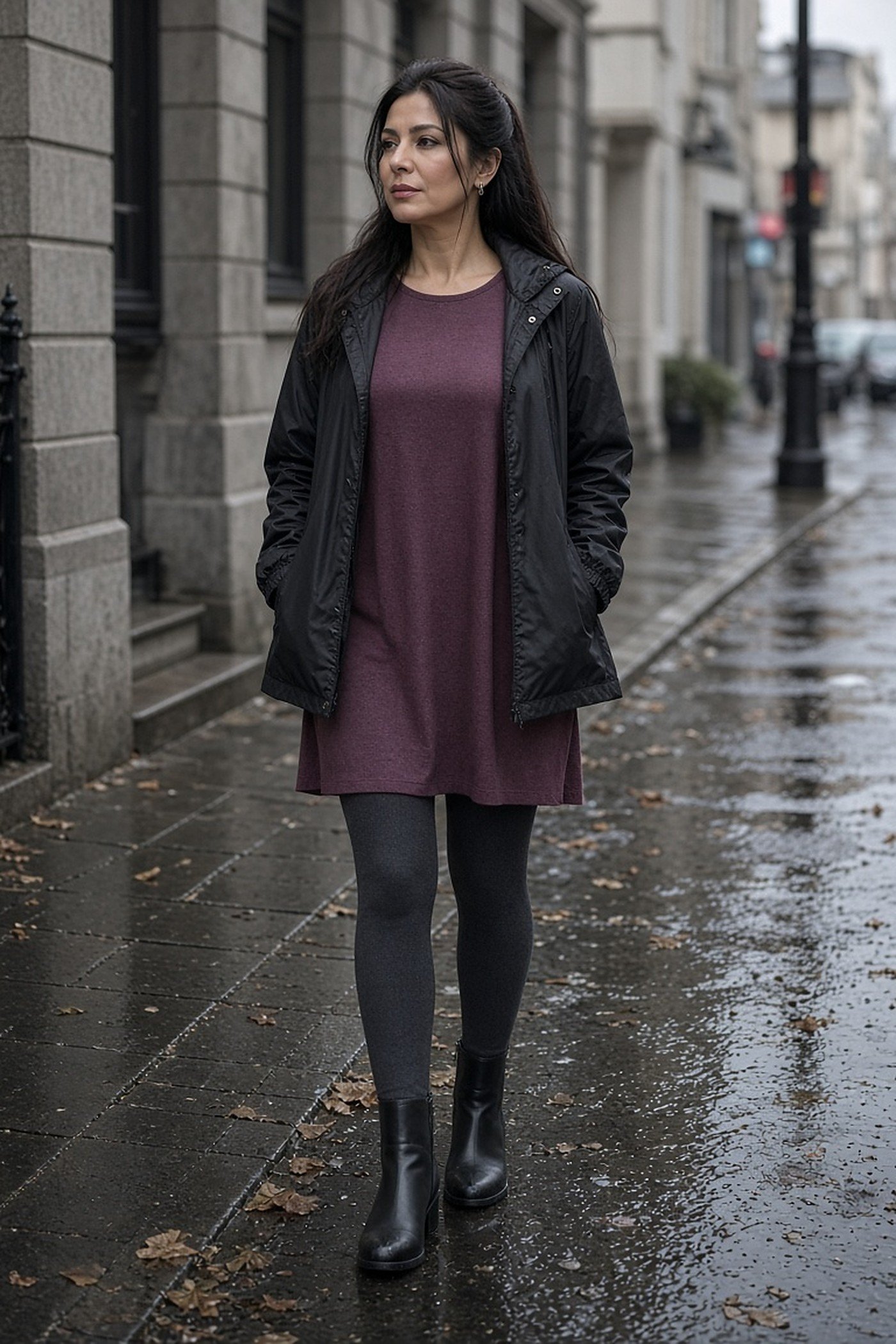 Petite woman over 50 in dark leggings, a long plum tunic and ankle boots