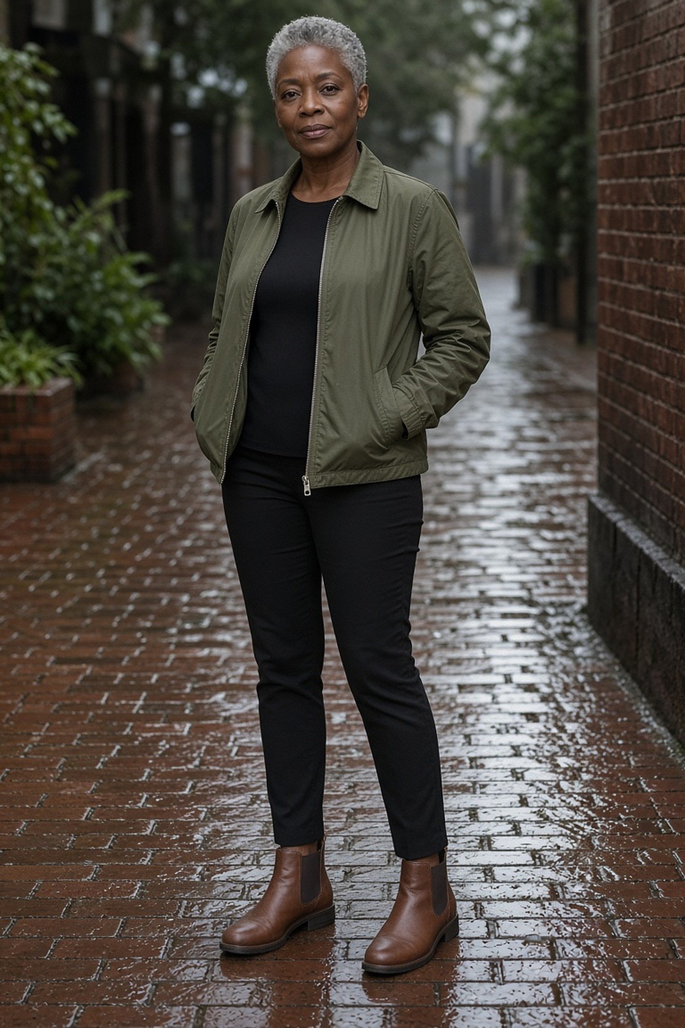 Petite woman over 50 in brown rubber-soled Chelsea boots