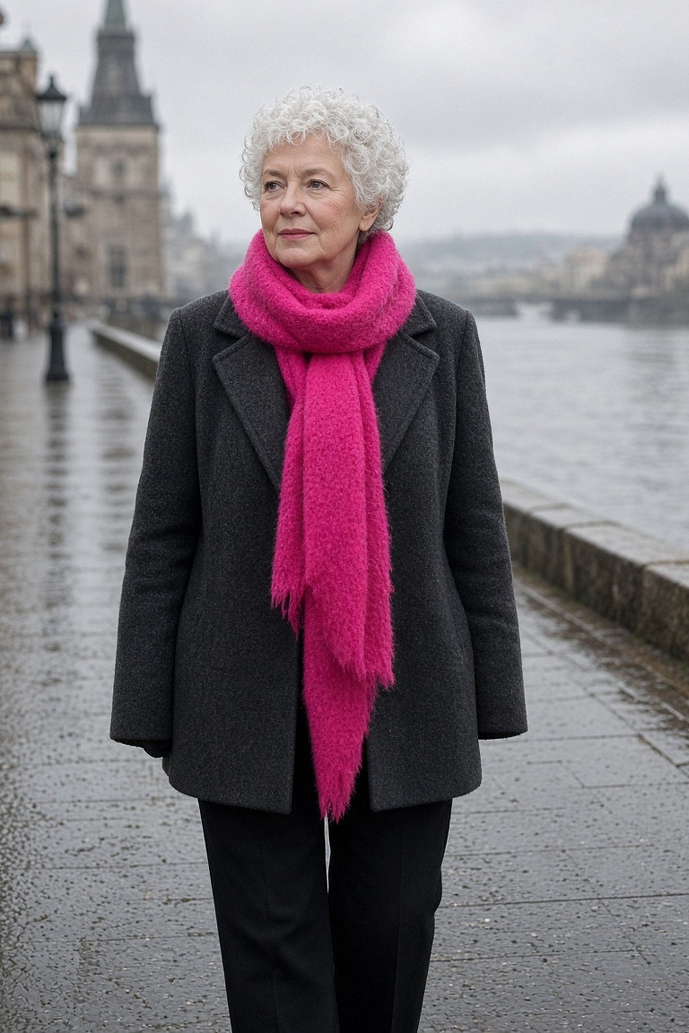 Petite woman over 60 in a bright fuchsia wool scarf and charcoal coat