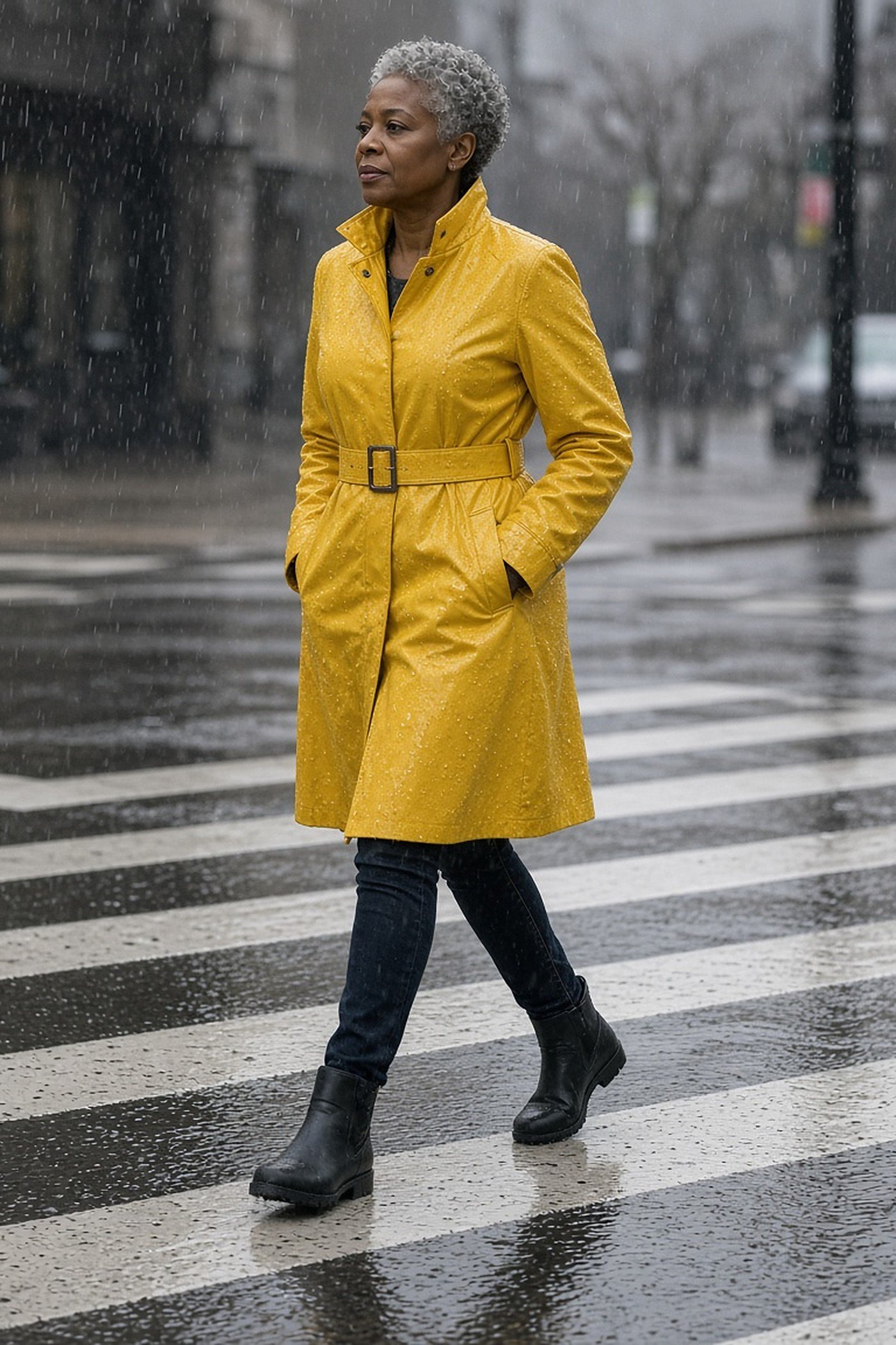 Petite woman over 50 in a fitted bright yellow belted raincoat