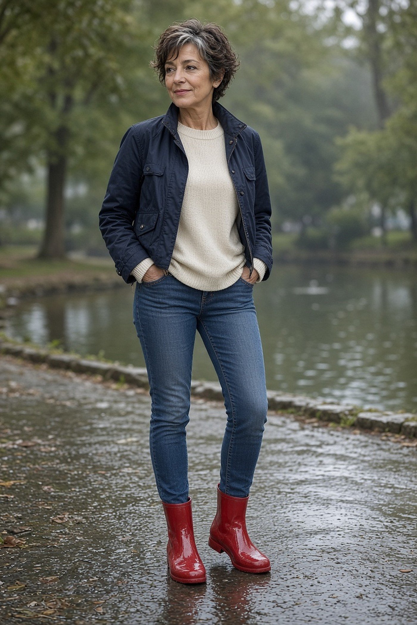 Petite woman over 50 in slim jeans and red ankle rain boots