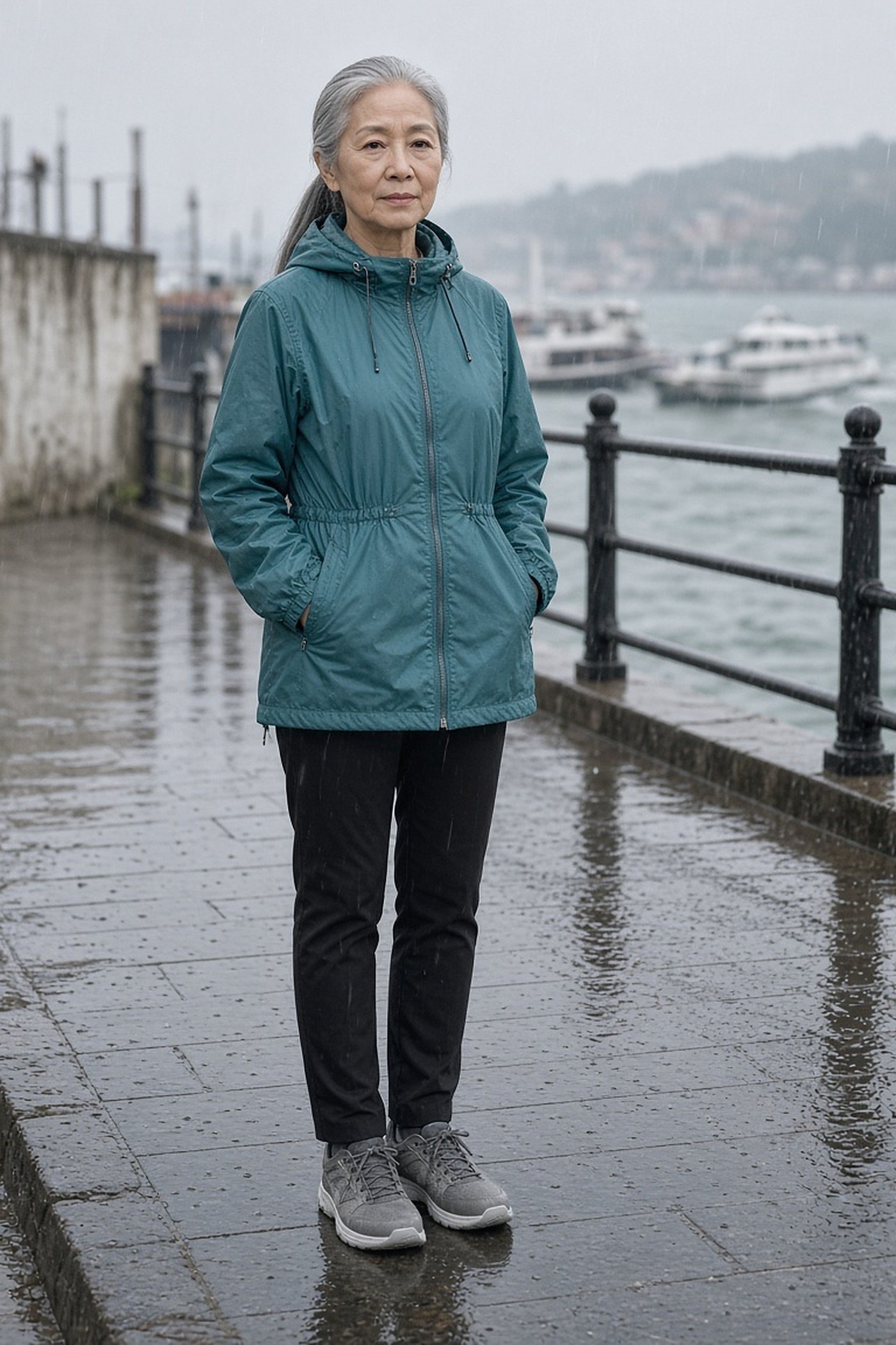 Petite woman over 60 in a teal waterproof parka with drawstring waist
