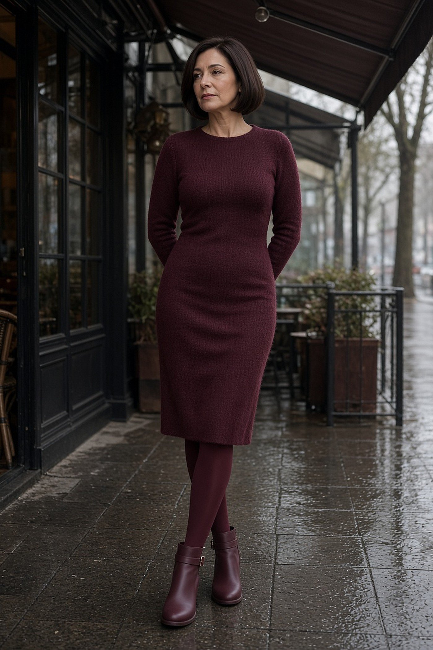 Petite woman over 50 in a burgundy knit dress, matching tights and waterproof boots