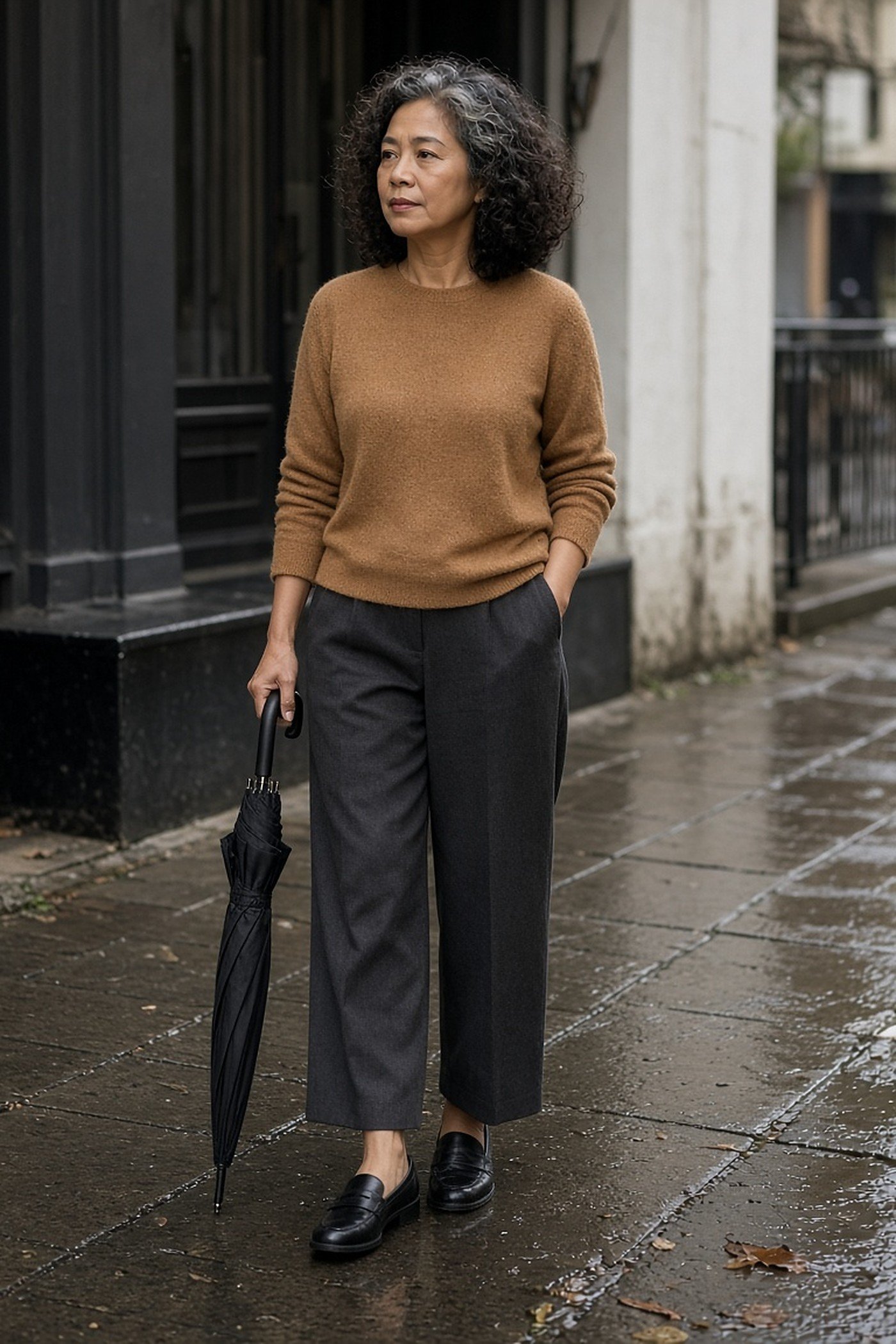 Petite woman over 50 in cropped charcoal trousers and black loafers