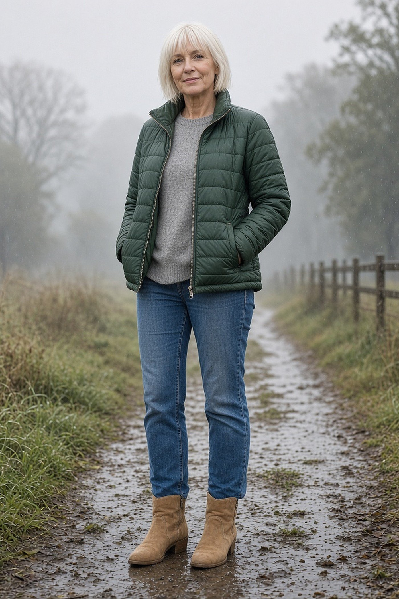 Petite woman over 60 in a short green quilted jacket and jeans