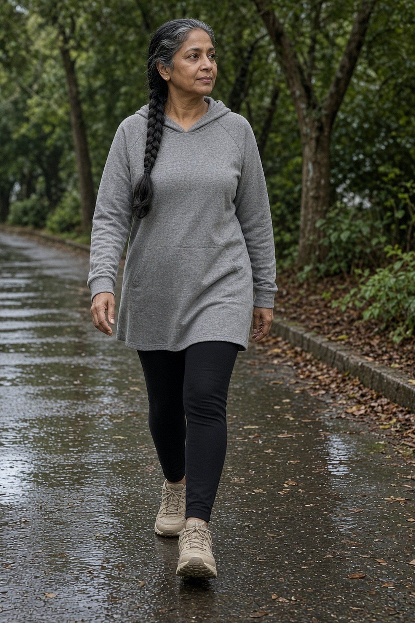 Petite woman over 50 in waterproof sneakers and leggings on a wet path