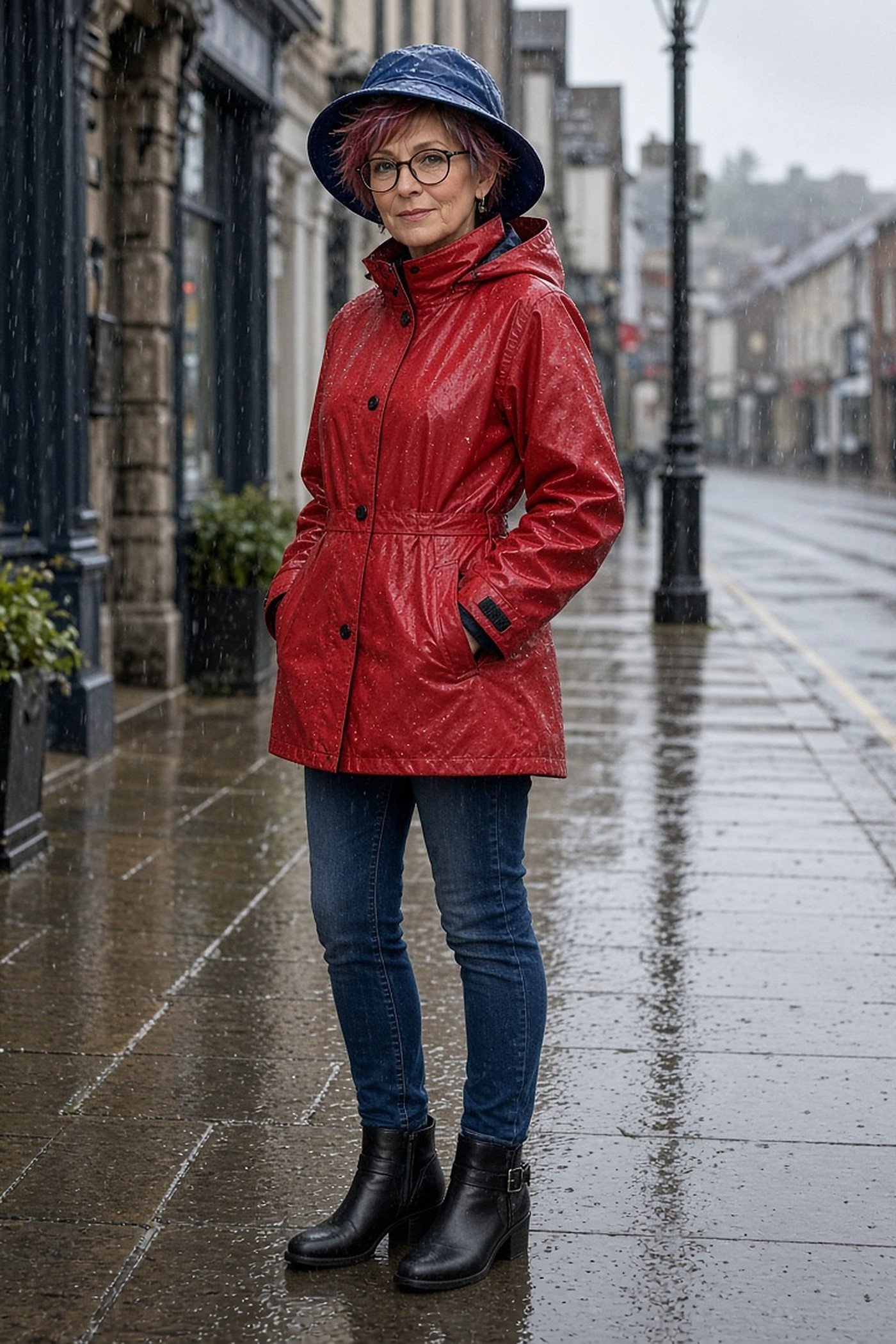 Petite woman over 50 in a navy rain bucket hat and red raincoat