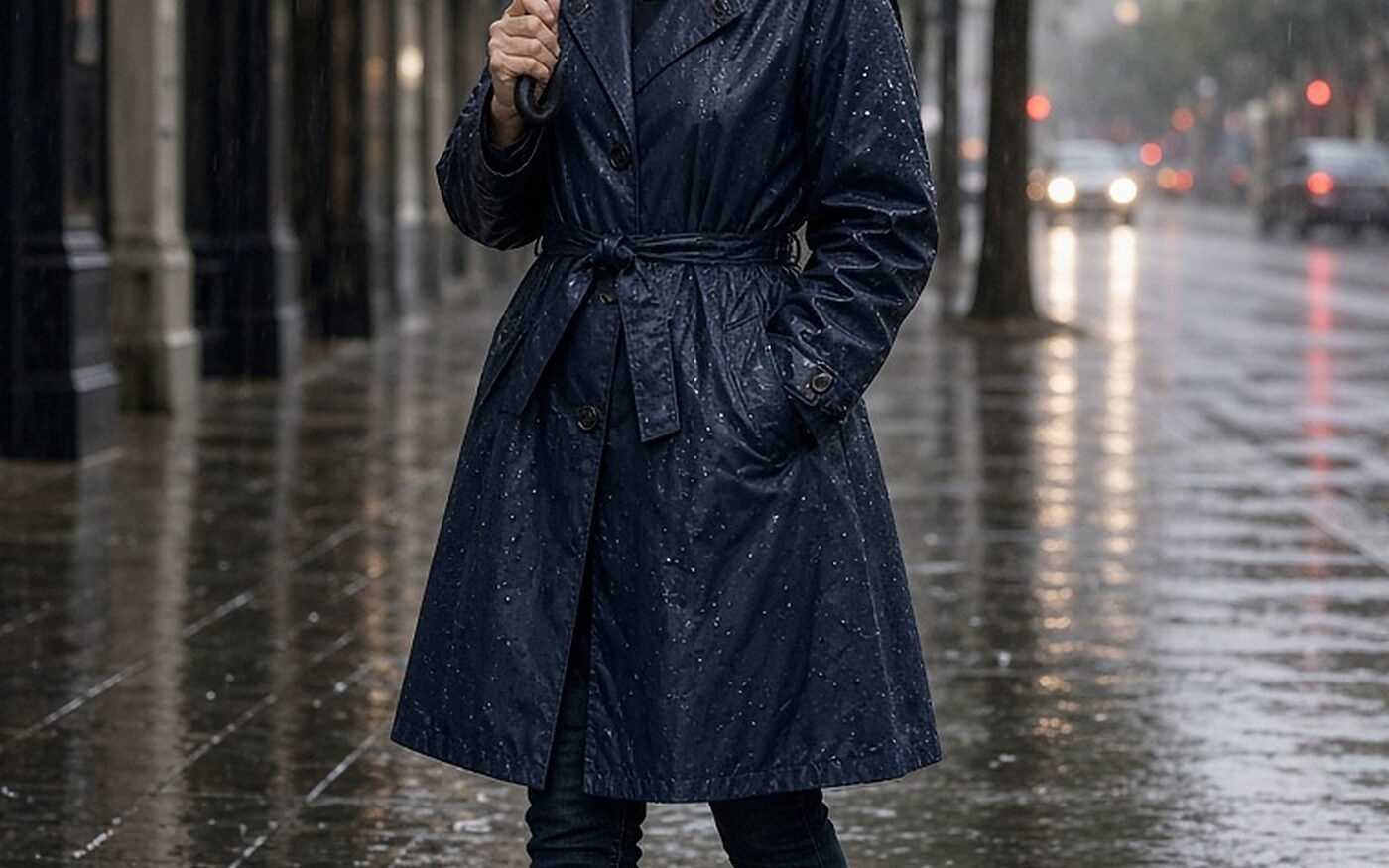 Petite woman over 50 with a clear umbrella, navy raincoat and ankle rain boots