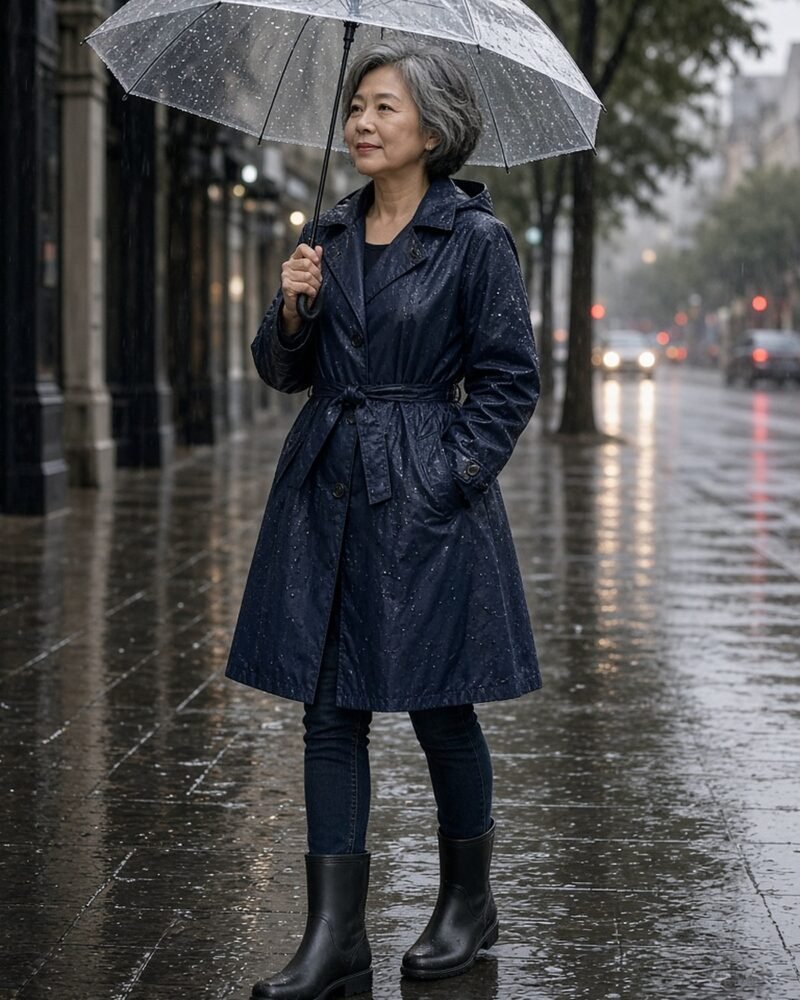 Petite woman over 50 with a clear umbrella, navy raincoat and ankle rain boots