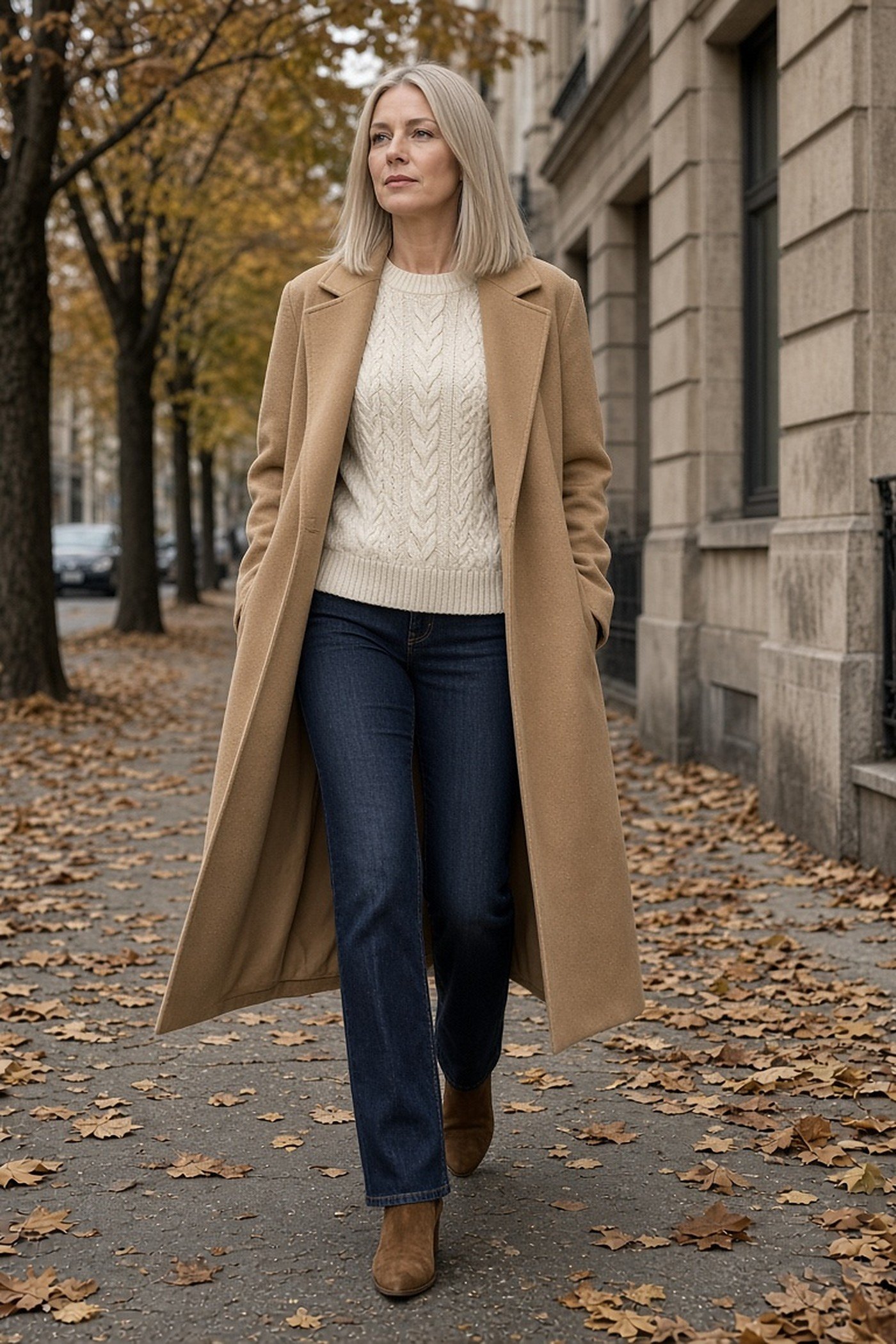 Woman over 40 in a camel coat, cream cable knit and dark jeans