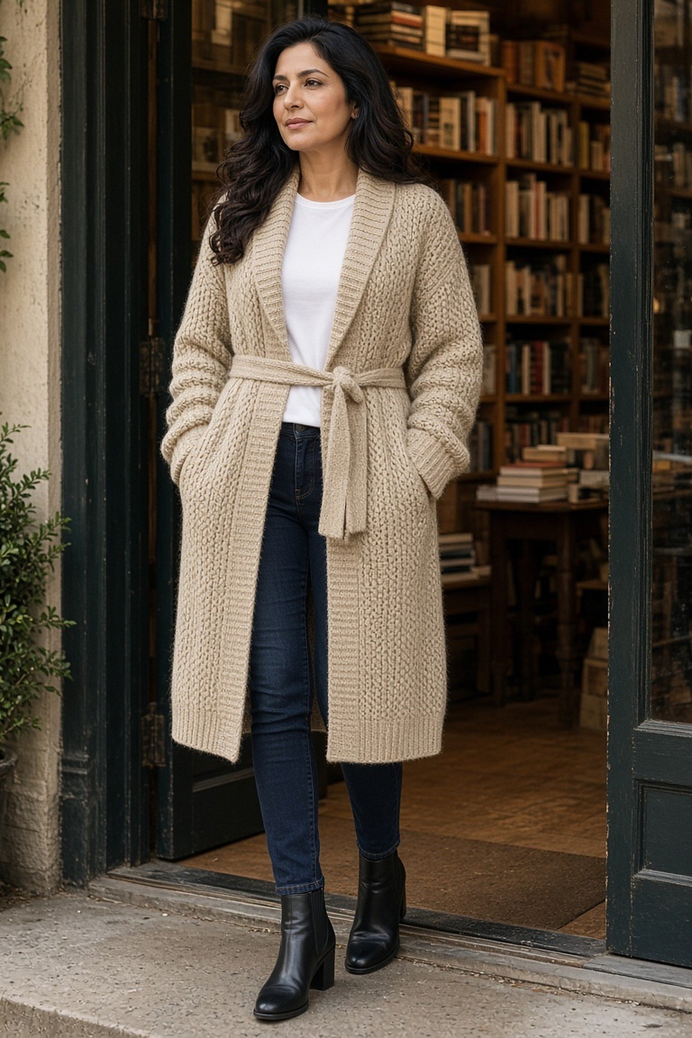 Woman over 40 in a belted long cardigan coat and slim jeans