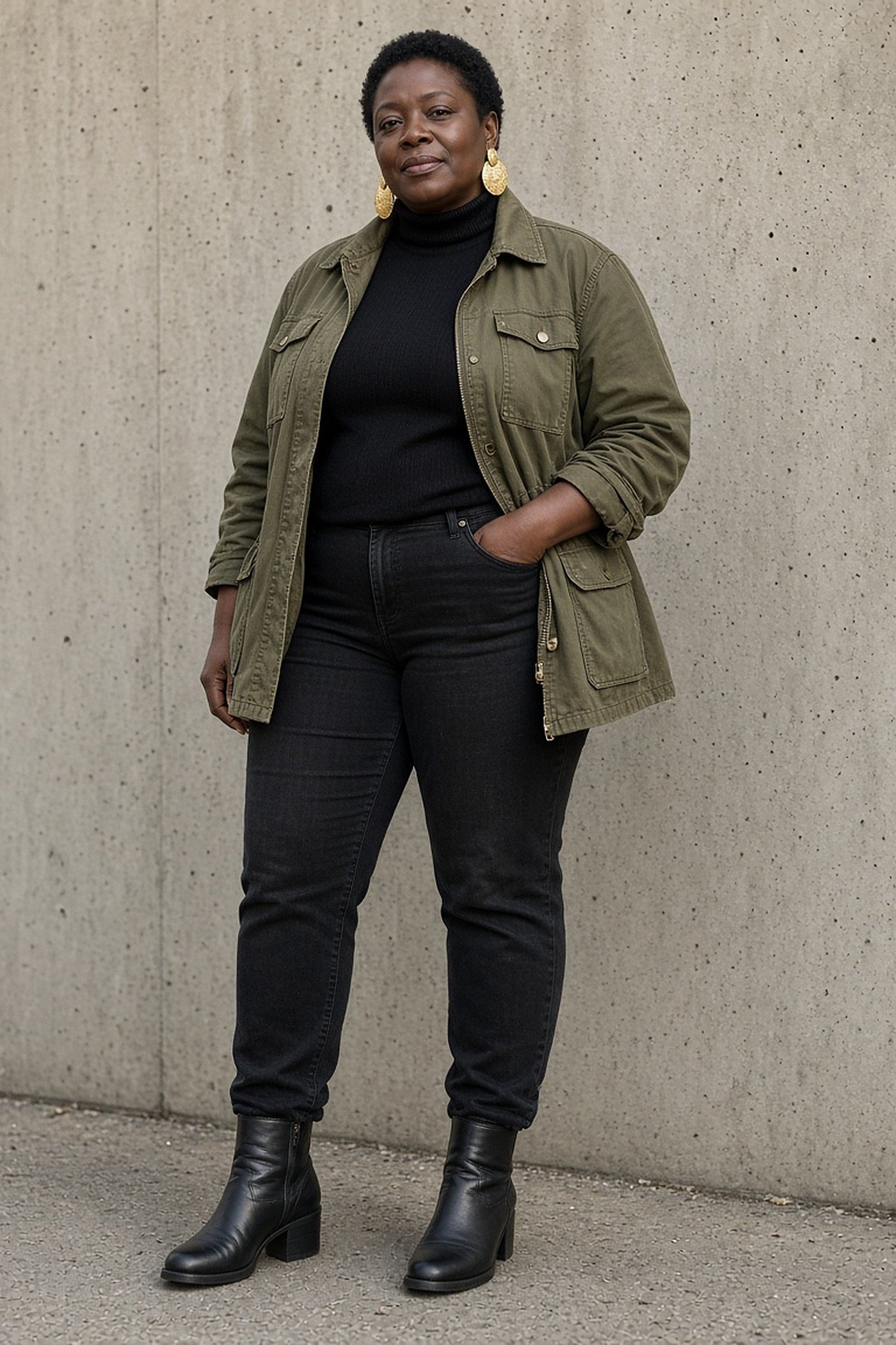 Woman over 40 in an olive utility jacket over all black