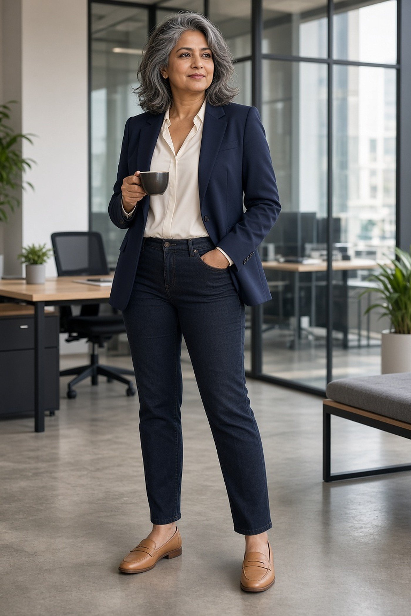 Woman over 40 in a navy blazer, silk blouse and dark jeans at the office
