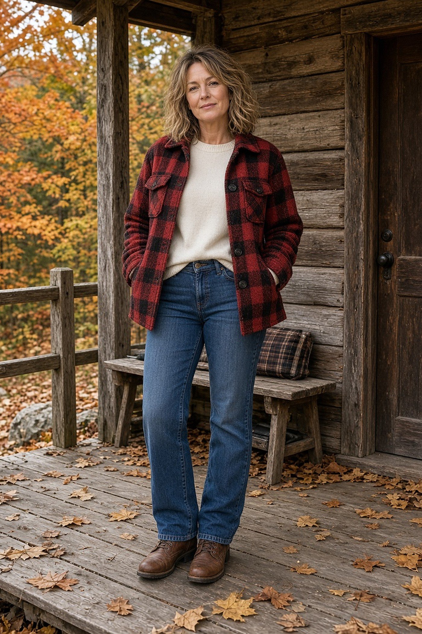 Woman over 40 in a plaid flannel shacket over a cream sweater