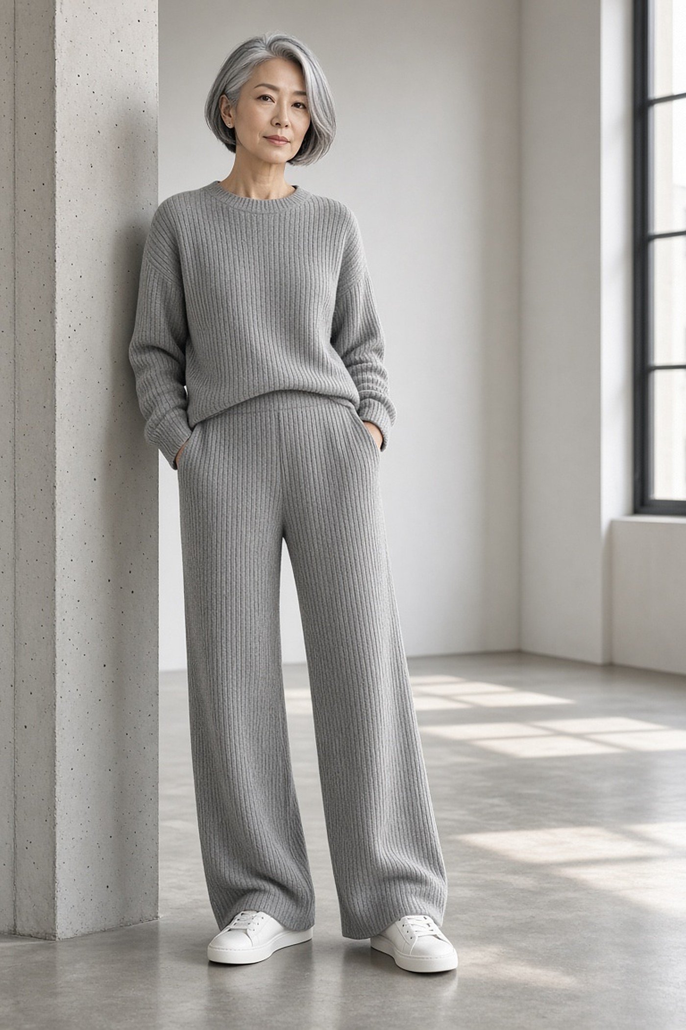 Woman over 40 in a matching gray knit sweater and trousers set