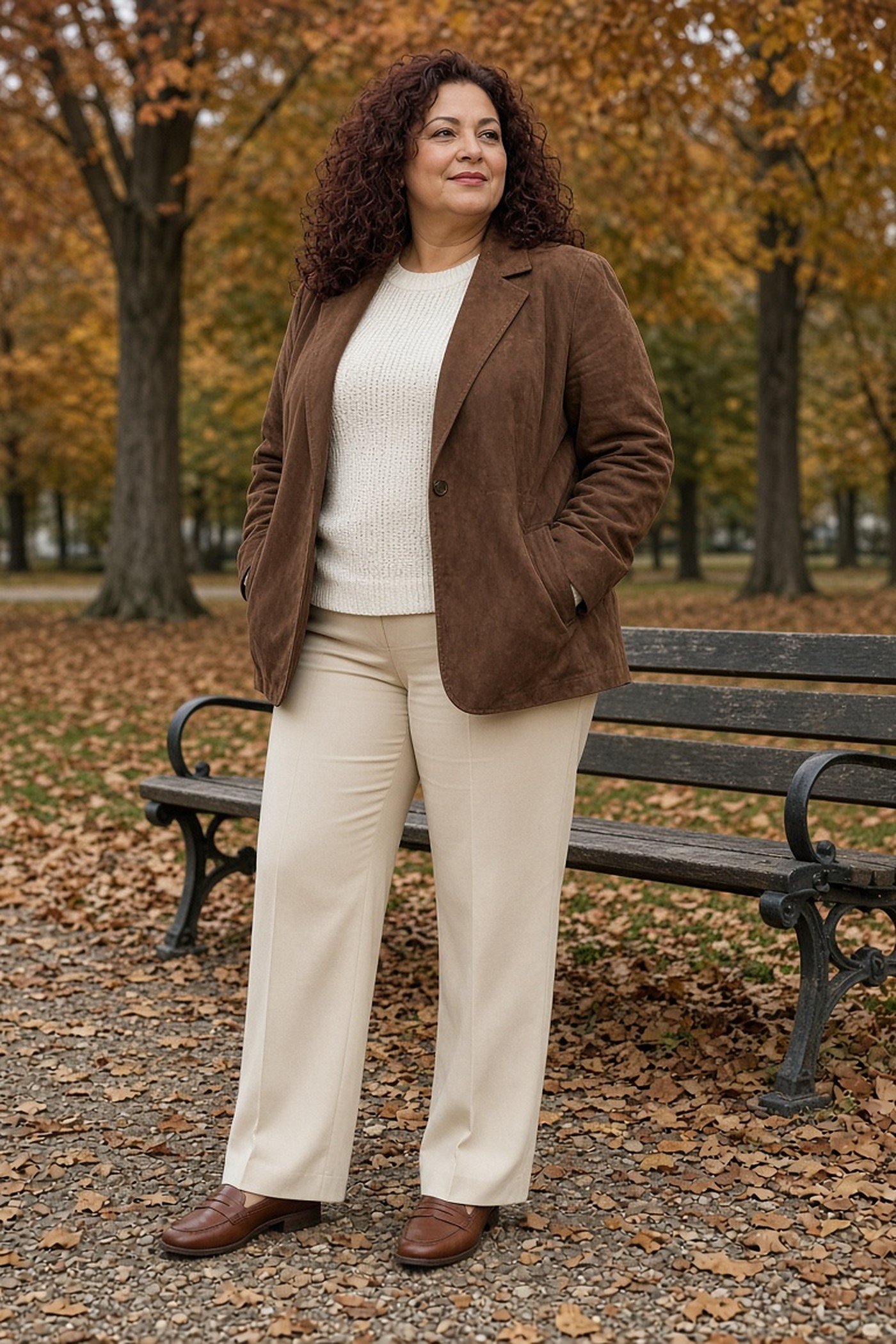Woman over 40 in a brown suede jacket and cream trousers