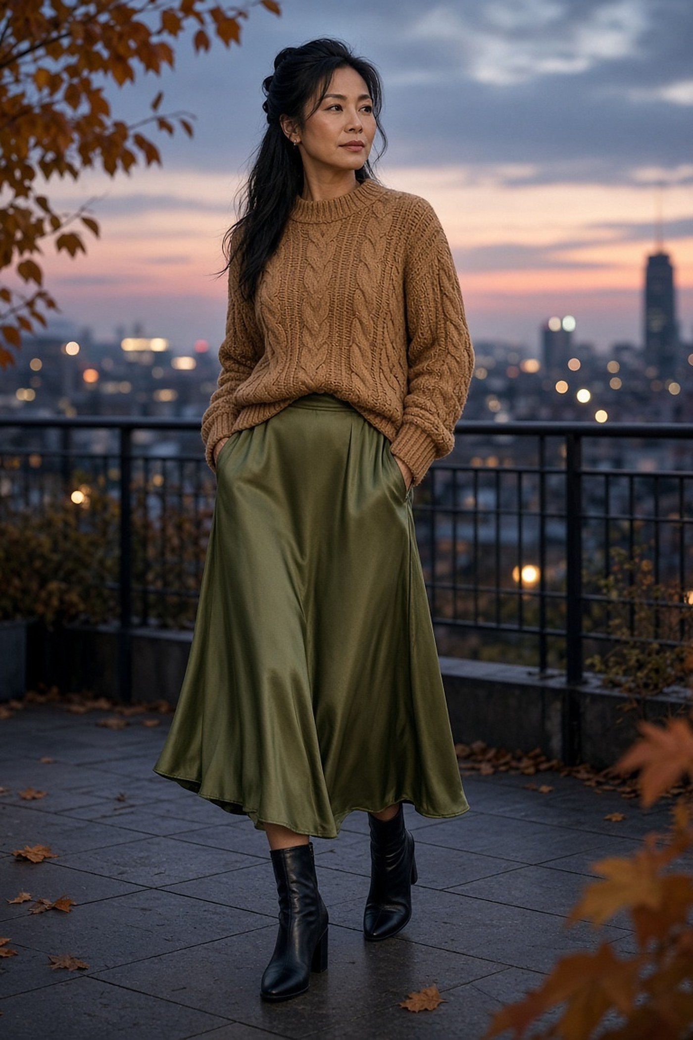 Woman over 40 in a camel cable knit and olive satin midi skirt